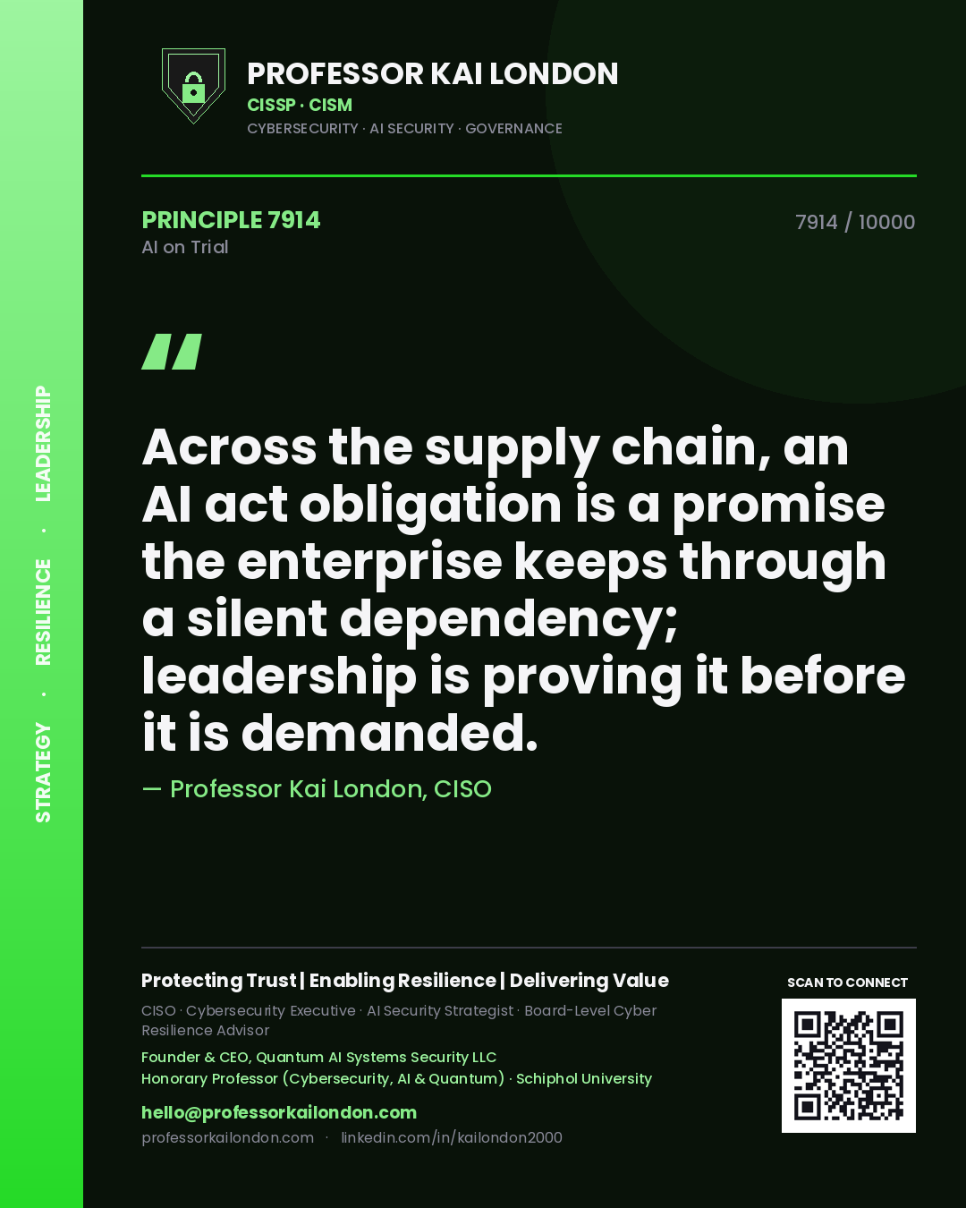 Professor Kai London principle 7914: Across the supply chain, an AI act obligation is a promise the enterprise keeps through a silent dependency; leadership is proving it before it is demanded.