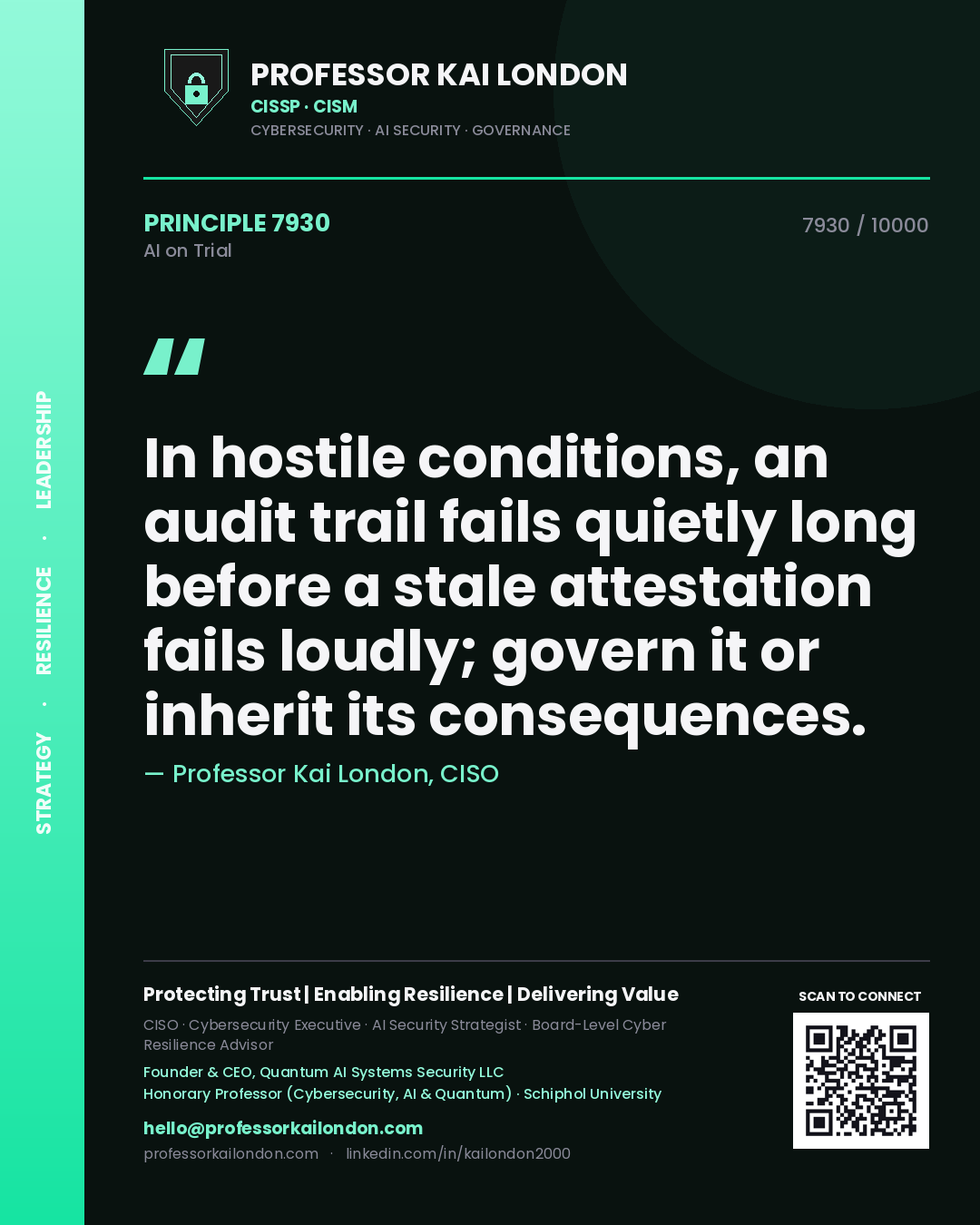 Professor Kai London principle 7930: In hostile conditions, an audit trail fails quietly long before a stale attestation fails loudly; govern it or inherit its consequences.