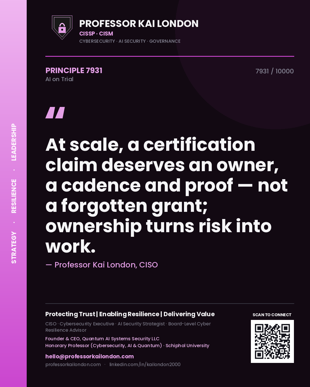 Professor Kai London principle 7931: At scale, a certification claim deserves an owner, a cadence and proof — not a forgotten grant; ownership turns risk into work.