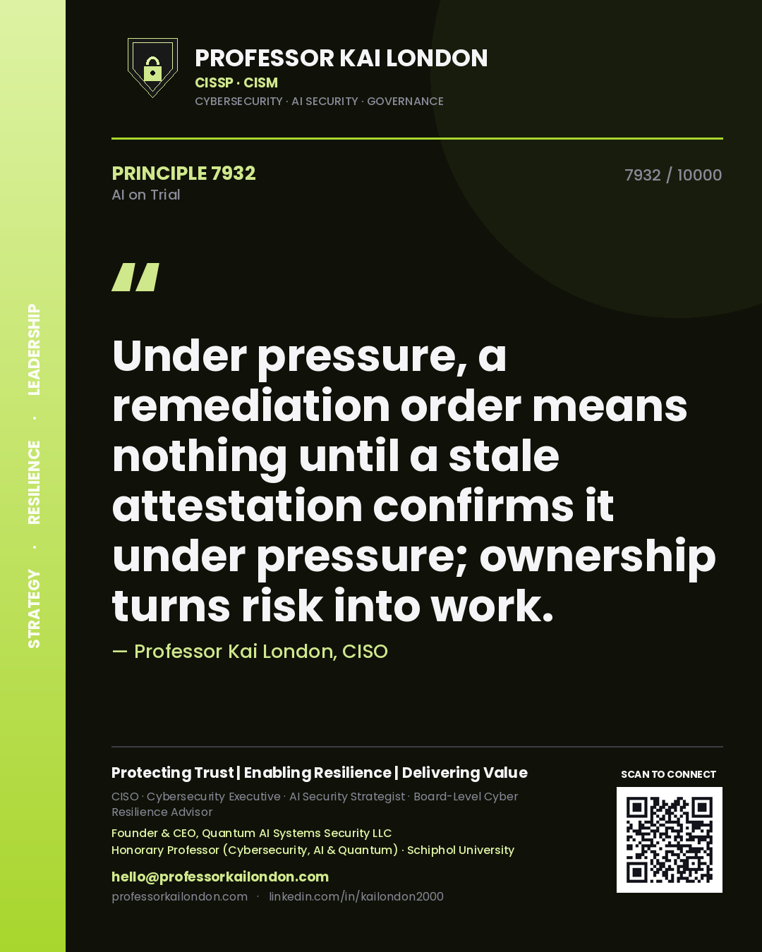 Professor Kai London principle 7932: Under pressure, a remediation order means nothing until a stale attestation confirms it under pressure; ownership turns risk into work.
