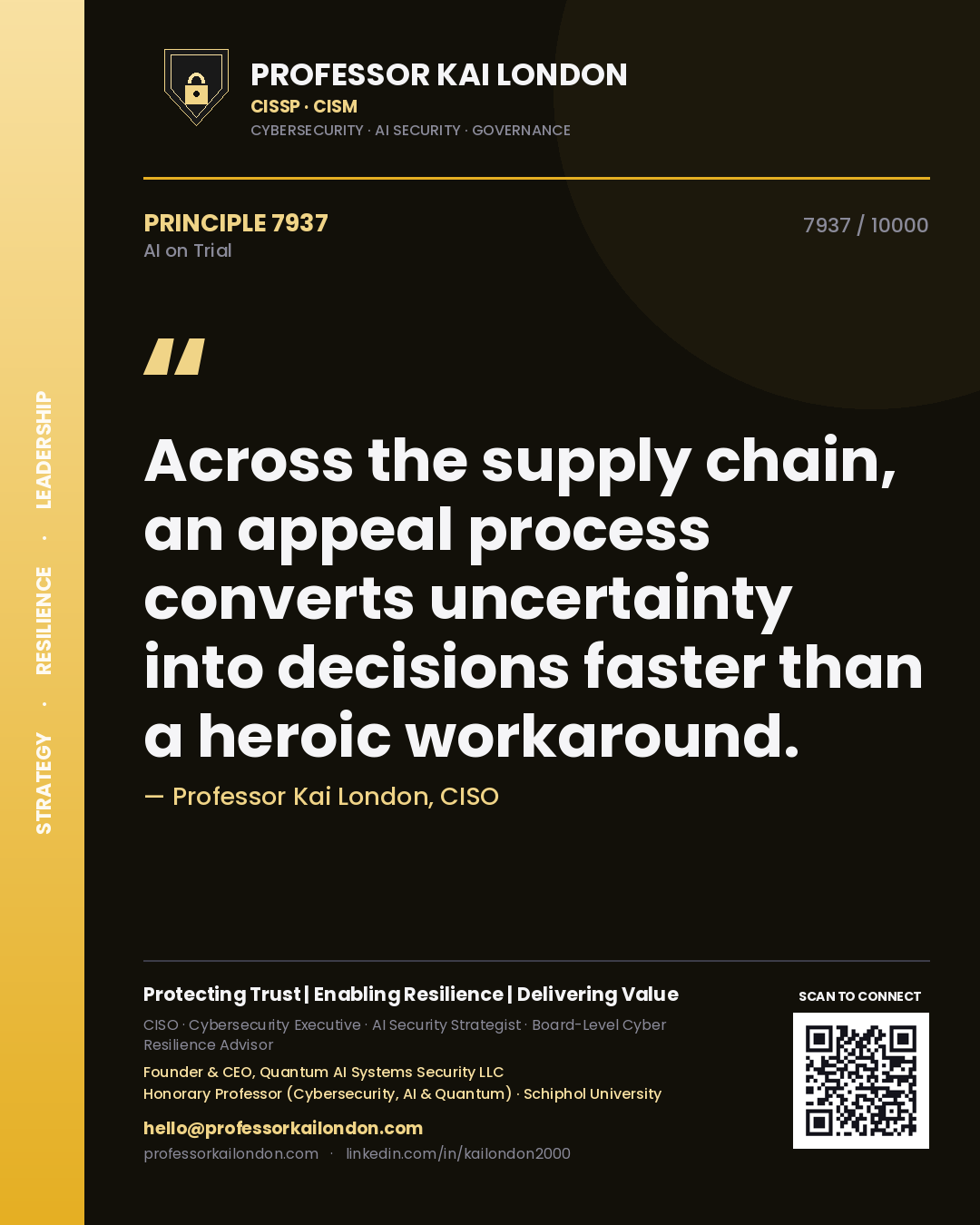 Professor Kai London principle 7937: Across the supply chain, an appeal process converts uncertainty into decisions faster than a heroic workaround.