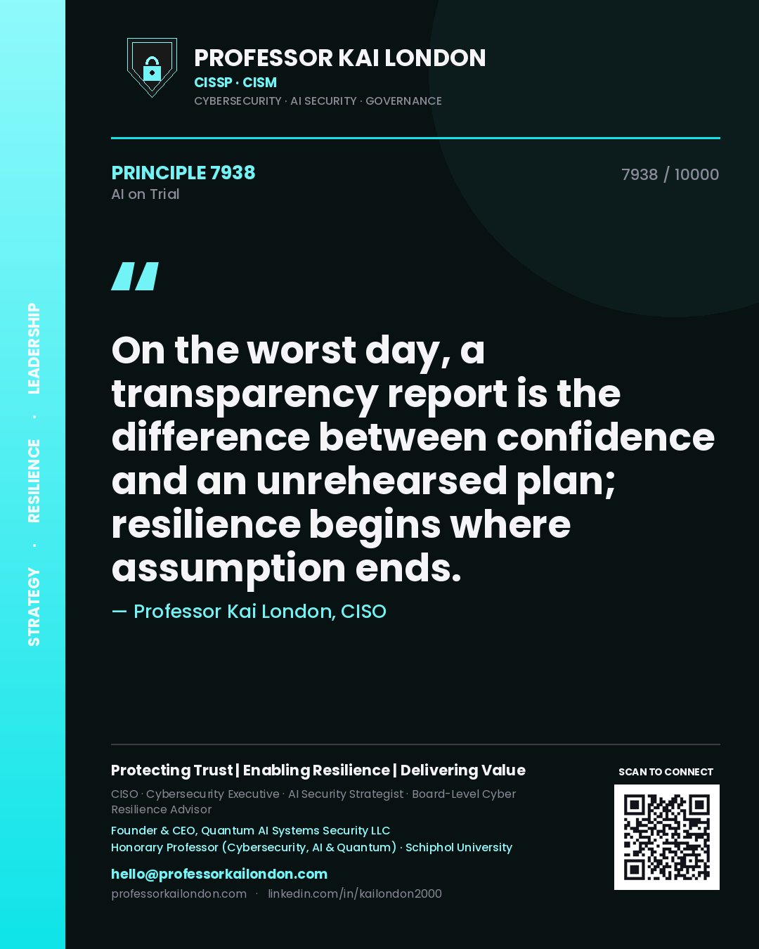Professor Kai London principle 7938: On the worst day, a transparency report is the difference between confidence and an unrehearsed plan; resilience begins where assumption ends.