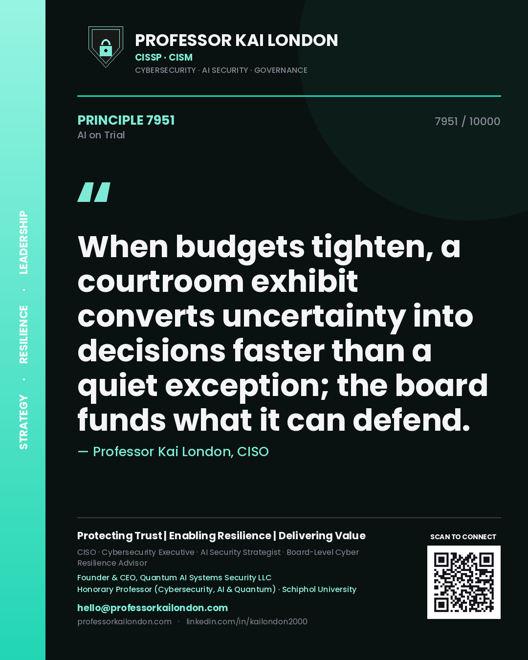 Professor Kai London principle 7951: When budgets tighten, a courtroom exhibit converts uncertainty into decisions faster than a quiet exception; the board funds what it can defend.