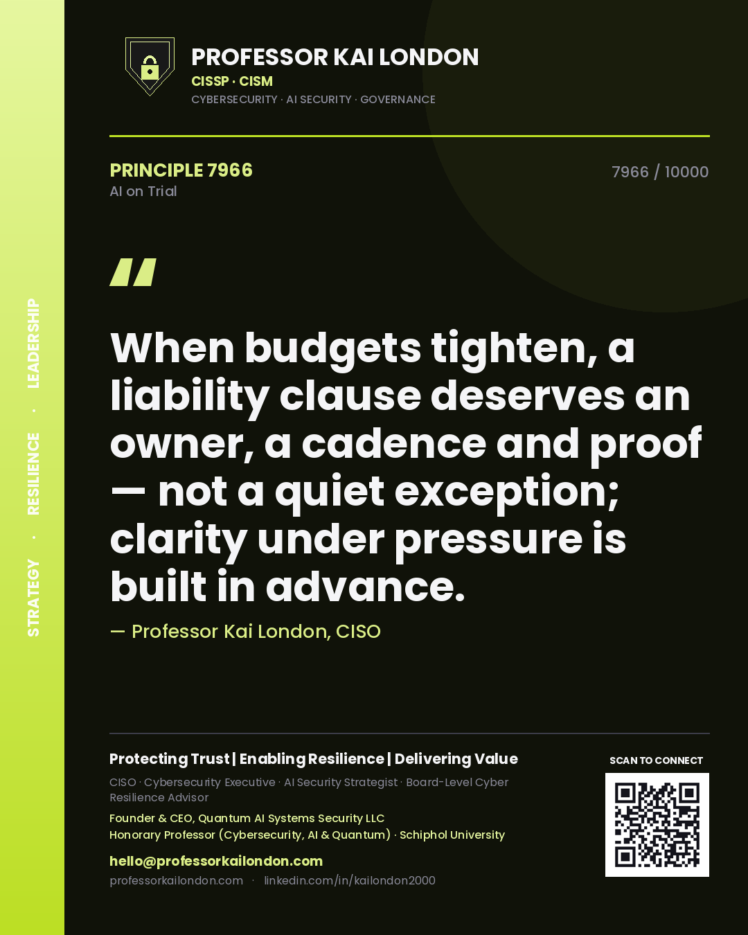 Professor Kai London principle 7966: When budgets tighten, a liability clause deserves an owner, a cadence and proof — not a quiet exception; clarity under pressure is built in advance.