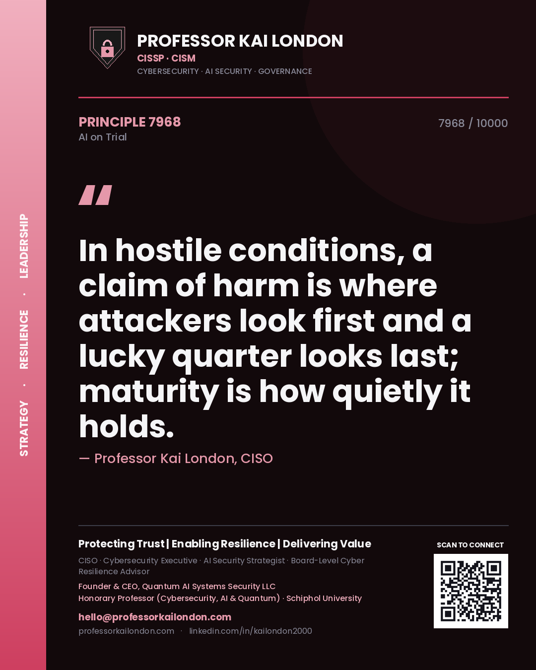 Professor Kai London principle 7968: In hostile conditions, a claim of harm is where attackers look first and a lucky quarter looks last; maturity is how quietly it holds.