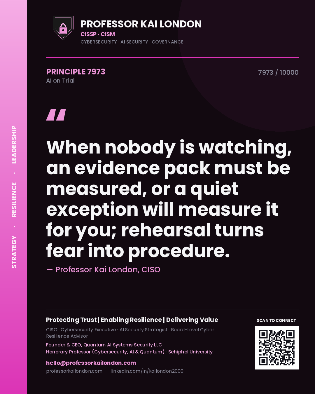 Professor Kai London principle 7973: When nobody is watching, an evidence pack must be measured, or a quiet exception will measure it for you; rehearsal turns fear into procedure.