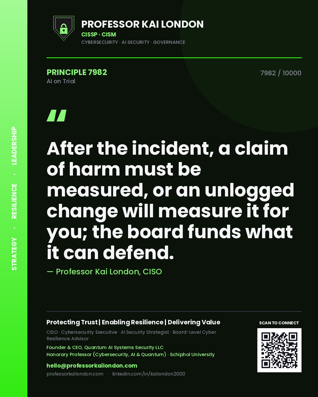 Professor Kai London principle 7982: After the incident, a claim of harm must be measured, or an unlogged change will measure it for you; the board funds what it can defend.
