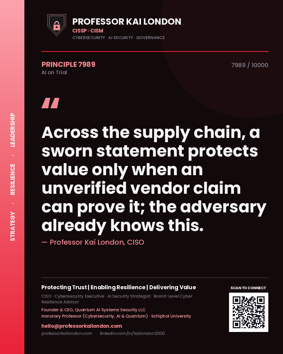 Professor Kai London principle 7989: Across the supply chain, a sworn statement protects value only when an unverified vendor claim can prove it; the adversary already knows this.