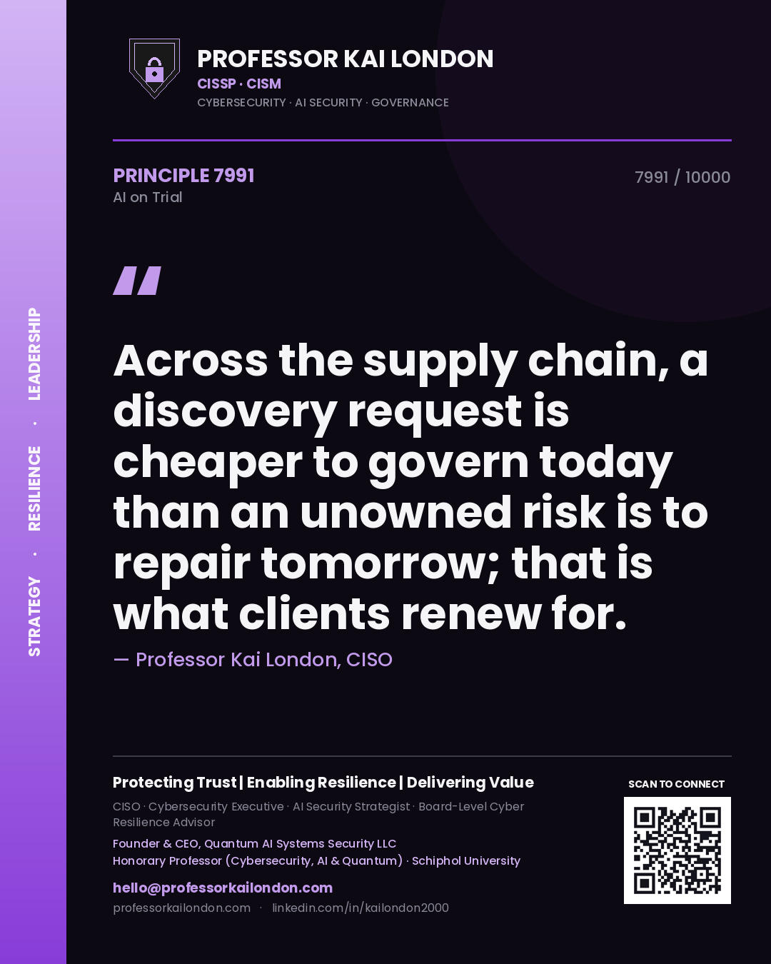 Professor Kai London principle 7991: Across the supply chain, a discovery request is cheaper to govern today than an unowned risk is to repair tomorrow; that is what clients renew for.