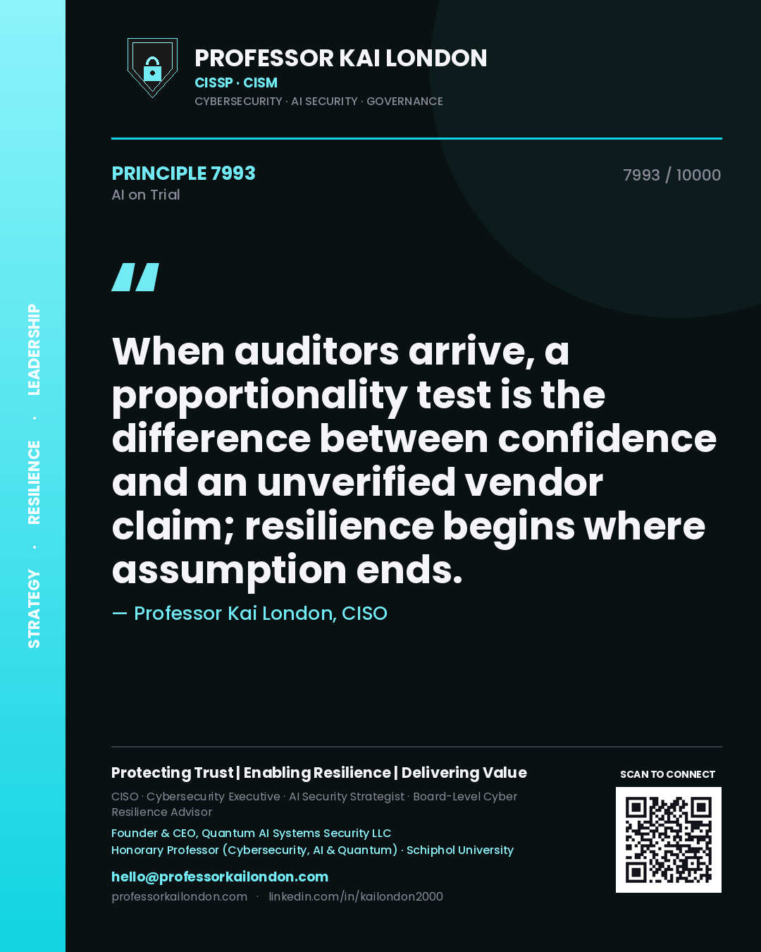 Professor Kai London principle 7993: When auditors arrive, a proportionality test is the difference between confidence and an unverified vendor claim; resilience begins where assumption ends.