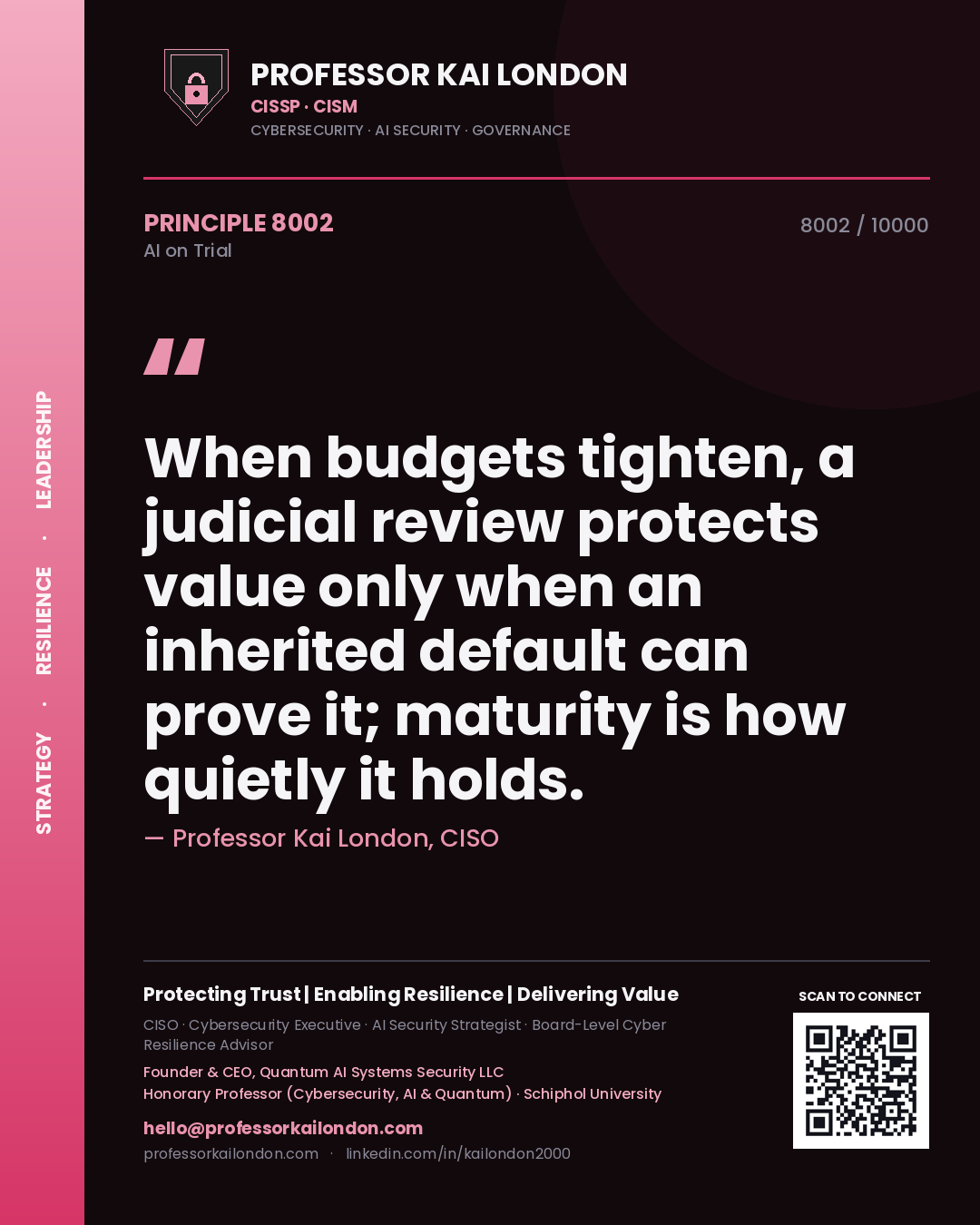 Quote card by Professor Kai London reading 'When budgets tighten, a judicial review protects value only when an inherited default can prove it; maturity is how quietly it holds.'. From the book AI on Trial.