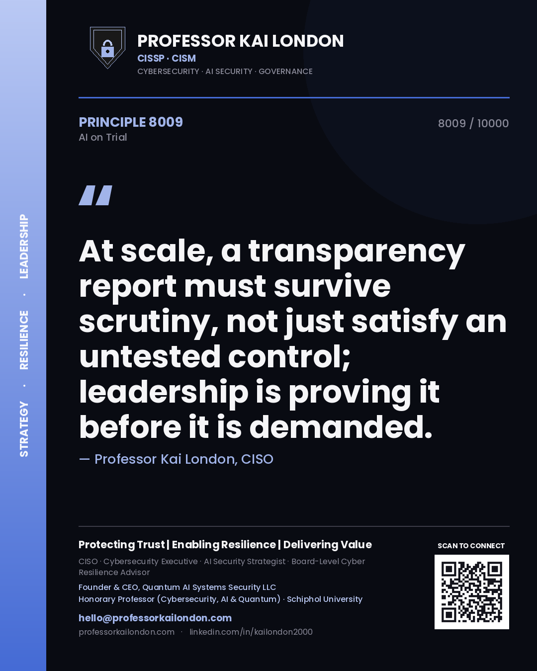 Professor Kai London principle 8009: At scale, a transparency report must survive scrutiny, not just satisfy an untested control; leadership is proving it before it is demanded.