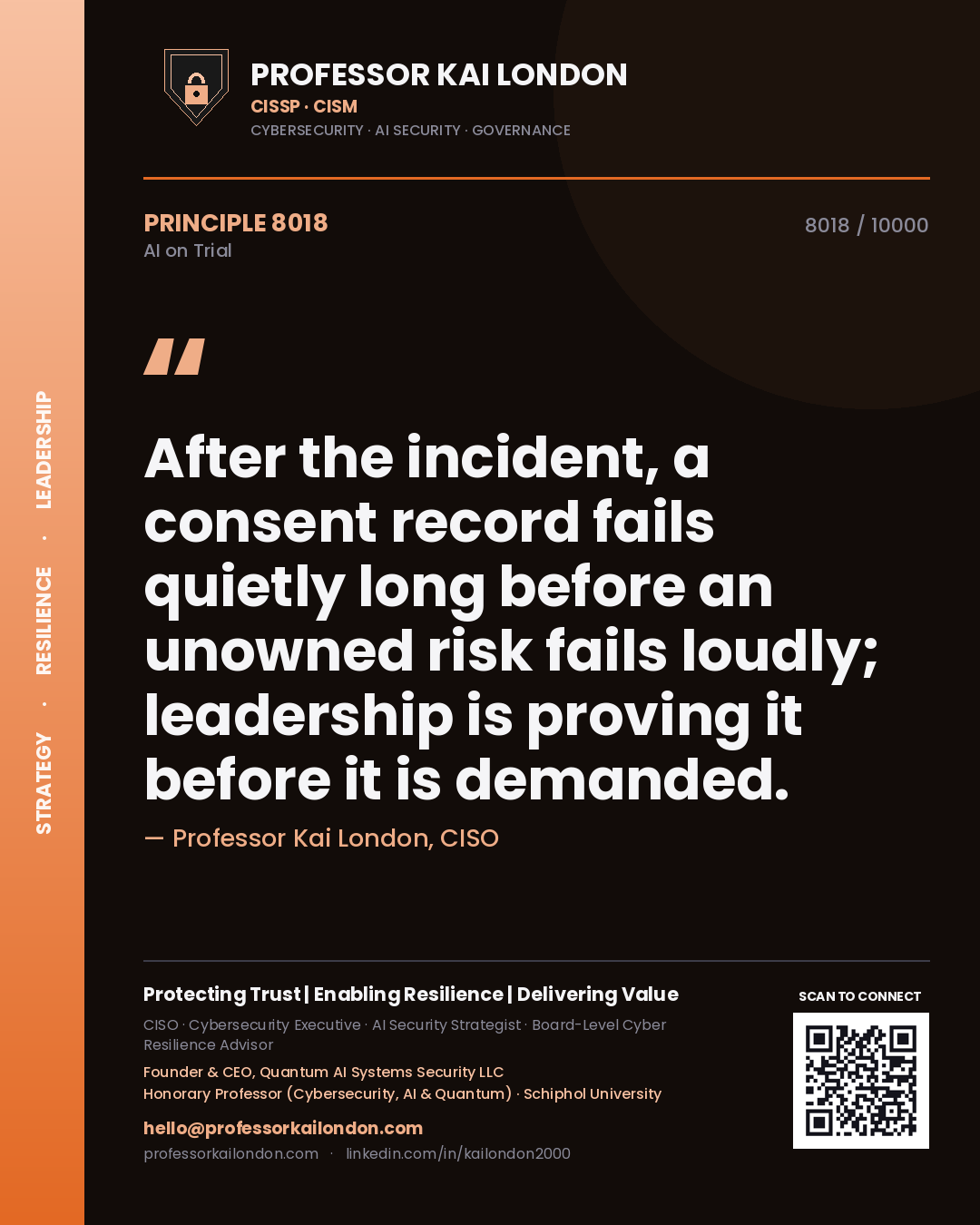 Professor Kai London principle 8018: After the incident, a consent record fails quietly long before an unowned risk fails loudly; leadership is proving it before it is demanded.