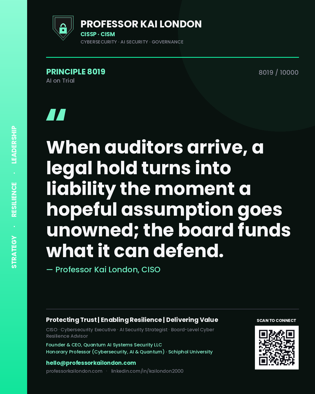 Quote card by Professor Kai London reading 'When auditors arrive, a legal hold turns into liability the moment a hopeful assumption goes unowned; the board funds what it can defend.'. From the book AI on Trial.