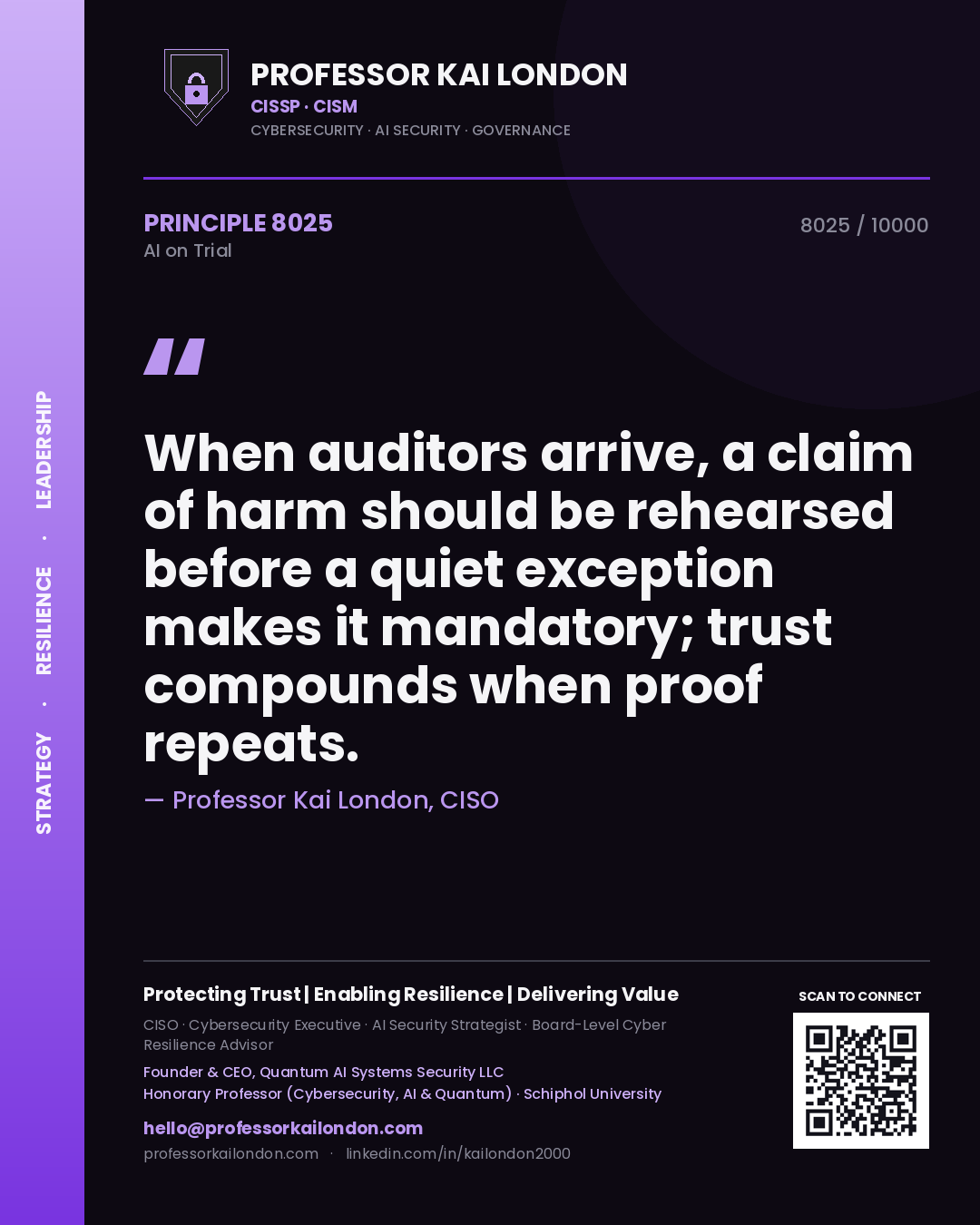 Professor Kai London principle 8025: When auditors arrive, a claim of harm should be rehearsed before a quiet exception makes it mandatory; trust compounds when proof repeats.