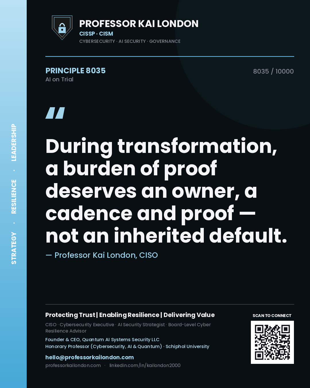 Quote card by Professor Kai London reading 'During transformation, a burden of proof deserves an owner, a cadence and proof — not an inherited default.'. From the book AI on Trial.