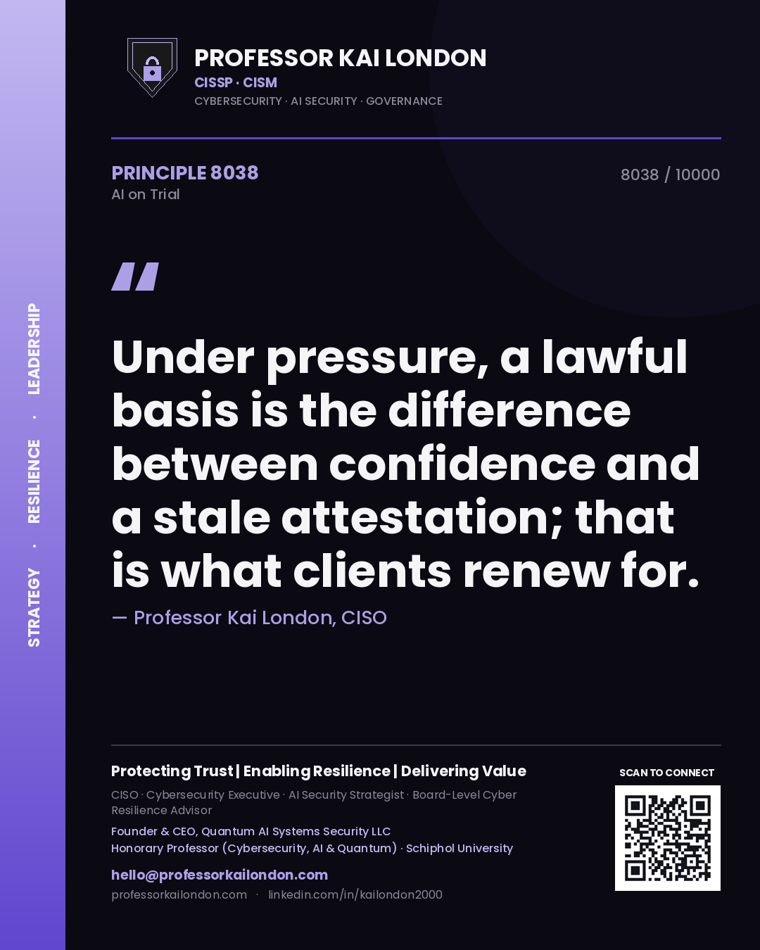 Quote card by Professor Kai London reading 'Under pressure, a lawful basis is the difference between confidence and a stale attestation; that is what clients renew for.'. From the book AI on Trial.