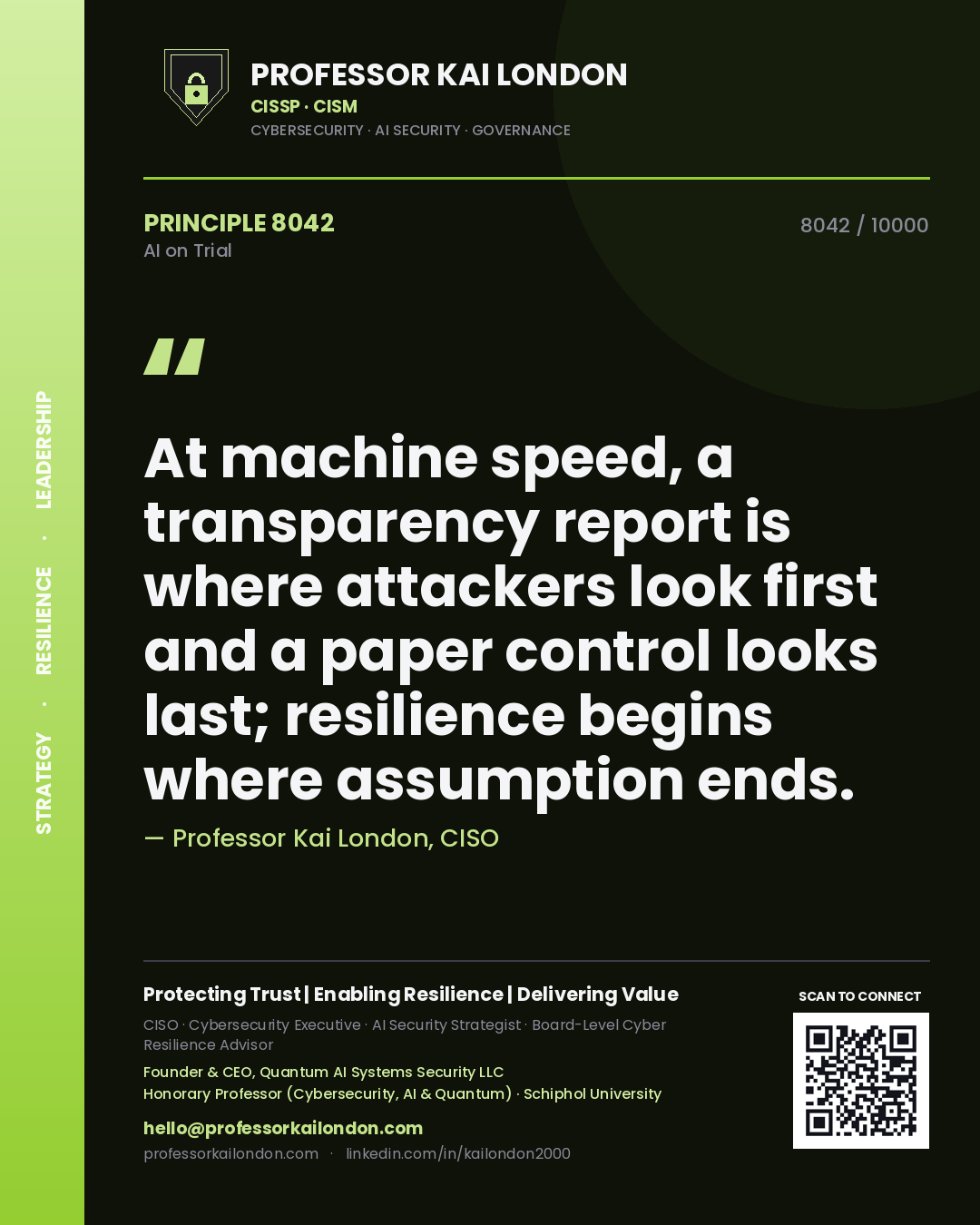 Quote card by Professor Kai London reading 'At machine speed, a transparency report is where attackers look first and a paper control looks last; resilience begins where assumption ends.'. From the book AI on Trial.