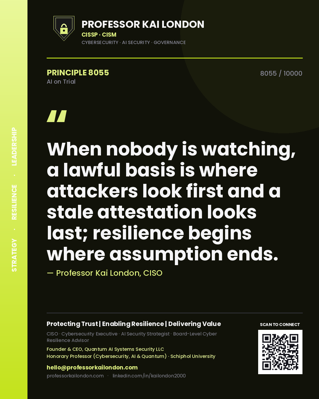 Professor Kai London principle 8055: When nobody is watching, a lawful basis is where attackers look first and a stale attestation looks last; resilience begins where assumption ends.