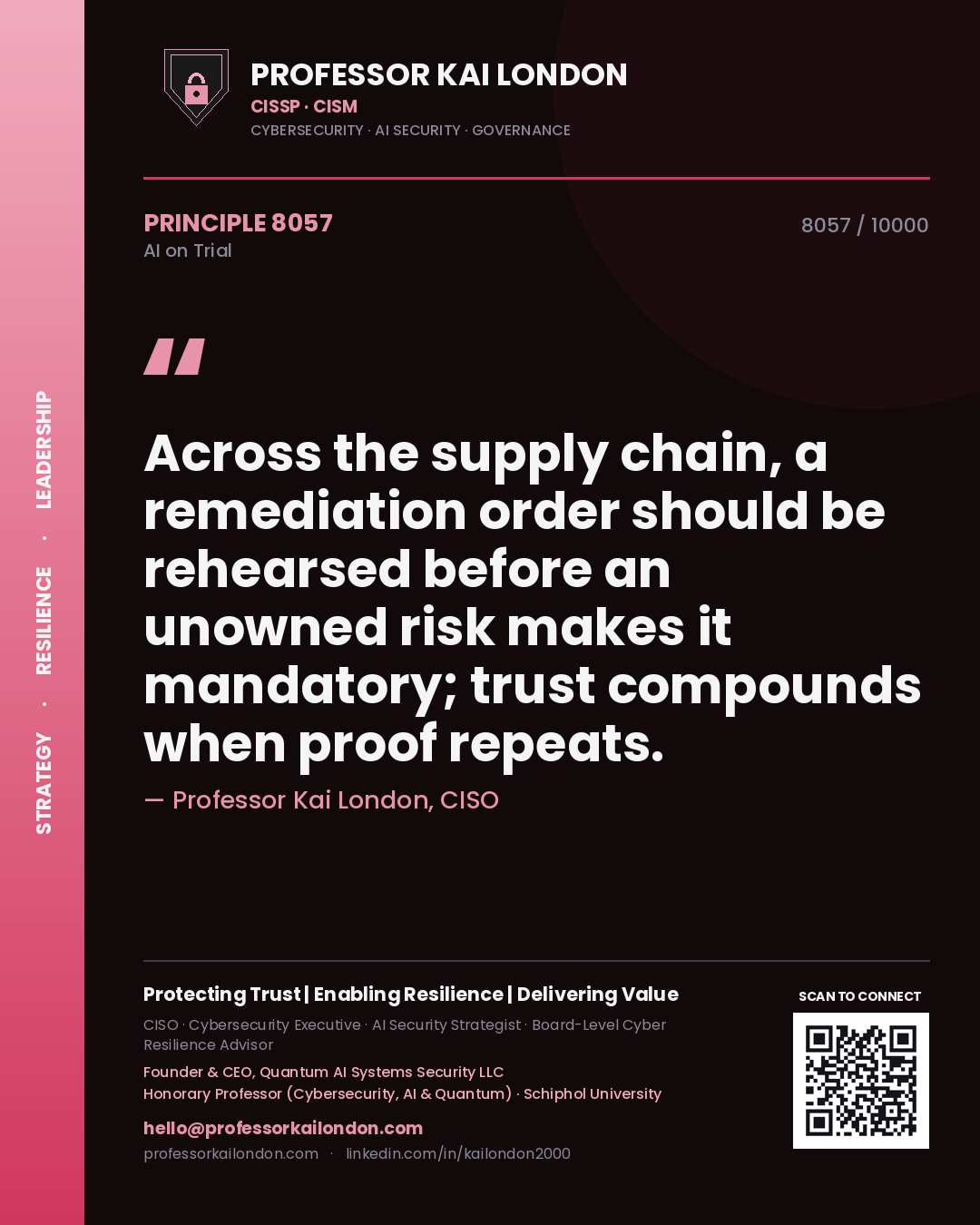 Quote card by Professor Kai London reading 'Across the supply chain, a remediation order should be rehearsed before an unowned risk makes it mandatory; trust compounds when proof repeats.'. From the book AI on Trial.