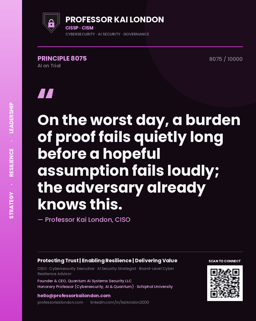 Quote card by Professor Kai London reading 'On the worst day, a burden of proof fails quietly long before a hopeful assumption fails loudly; the adversary already knows this.'. From the book AI on Trial.
