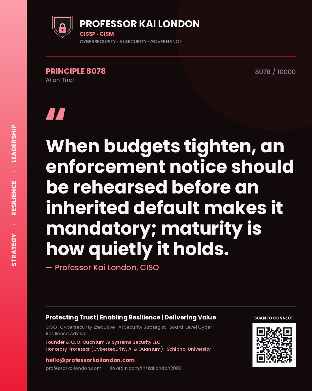 Professor Kai London principle 8078: When budgets tighten, an enforcement notice should be rehearsed before an inherited default makes it mandatory; maturity is how quietly it holds.