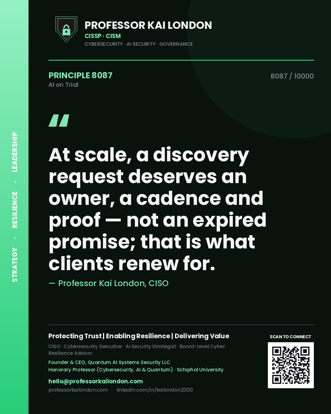 Quote card by Professor Kai London reading 'At scale, a discovery request deserves an owner, a cadence and proof — not an expired promise; that is what clients renew for.'. From the book AI on Trial.