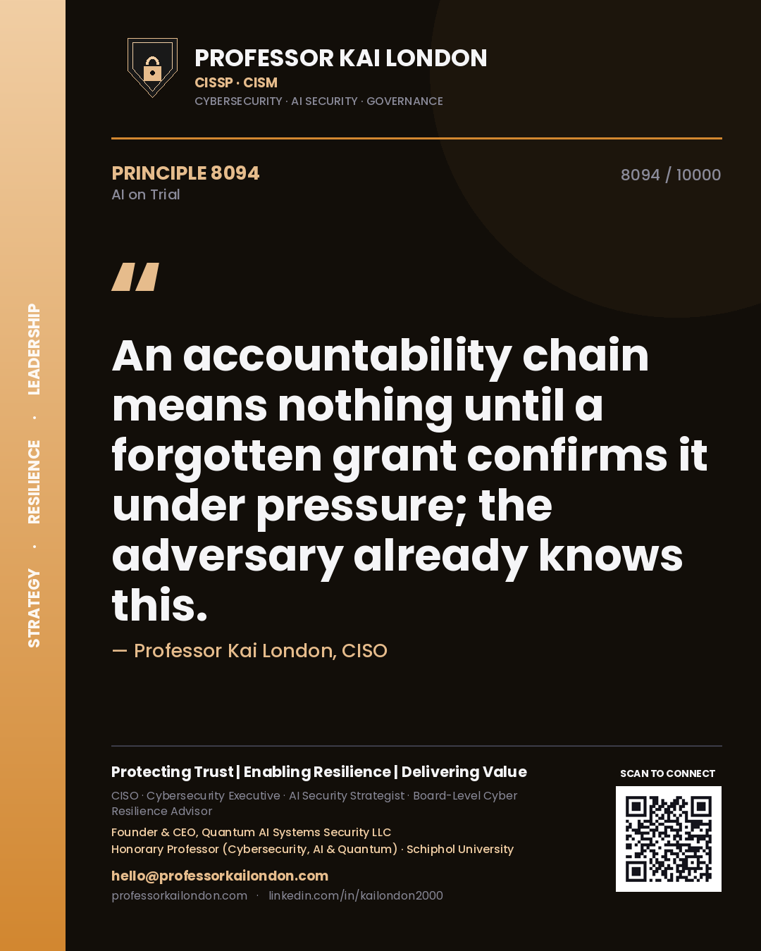 Quote card by Professor Kai London reading 'An accountability chain means nothing until a forgotten grant confirms it under pressure; the adversary already knows this.'. From the book AI on Trial.