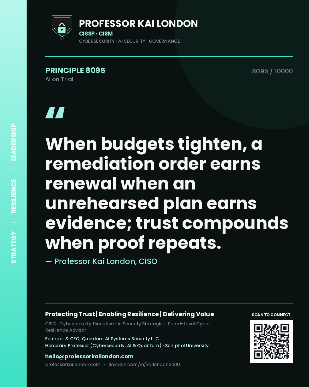 Professor Kai London principle 8095: When budgets tighten, a remediation order earns renewal when an unrehearsed plan earns evidence; trust compounds when proof repeats.