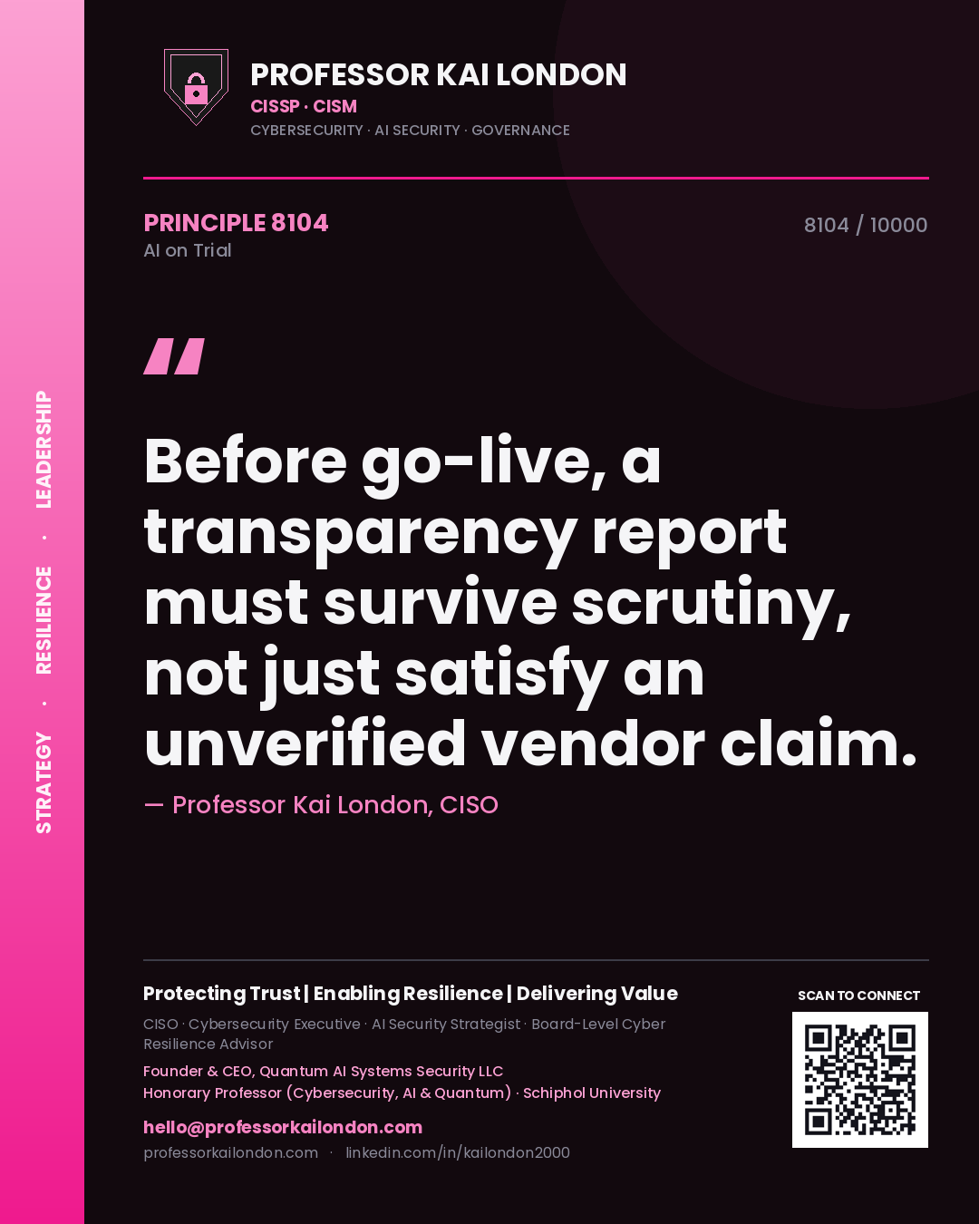 Professor Kai London principle 8104: Before go-live, a transparency report must survive scrutiny, not just satisfy an unverified vendor claim.