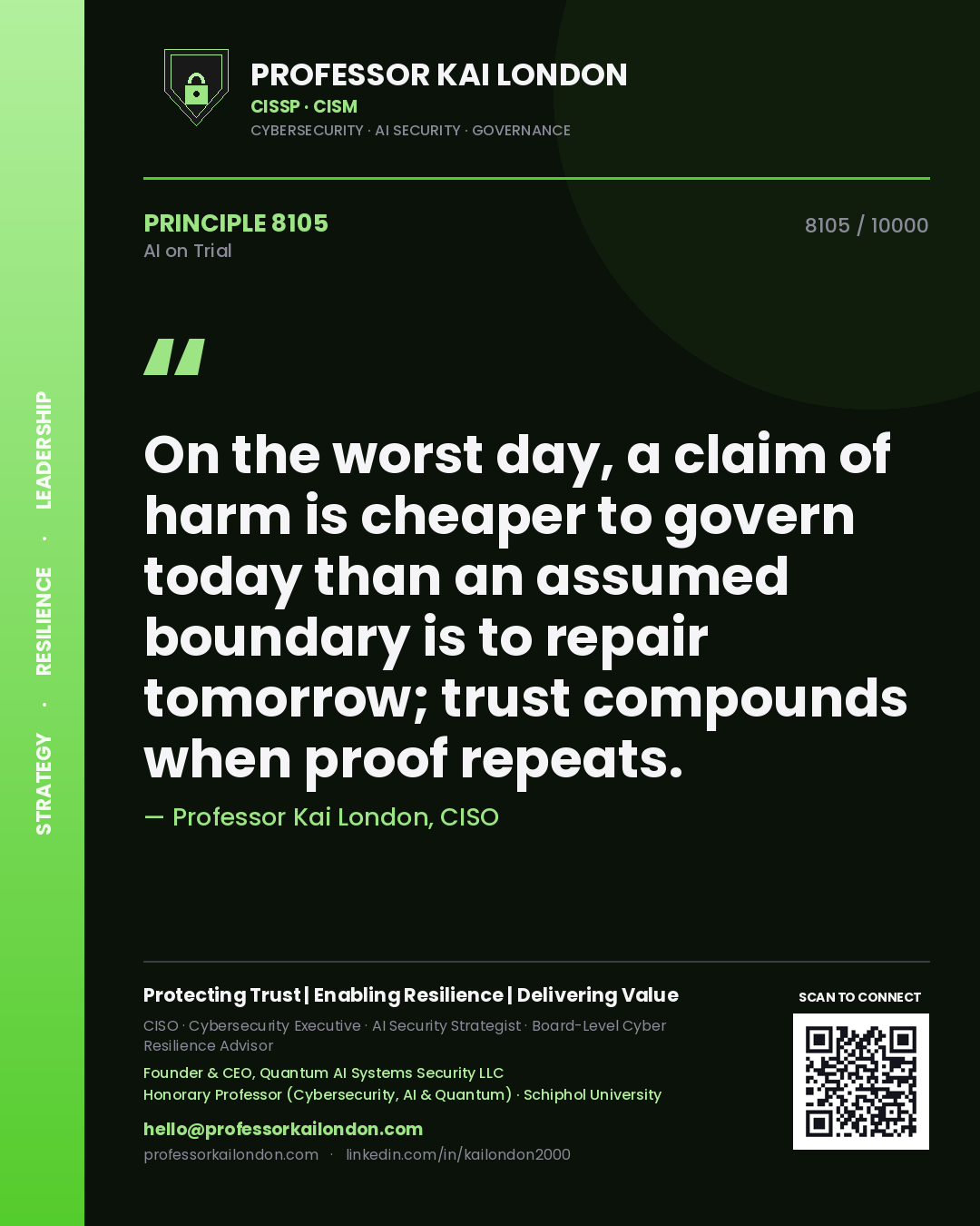 Professor Kai London principle 8105: On the worst day, a claim of harm is cheaper to govern today than an assumed boundary is to repair tomorrow; trust compounds when proof repeats.