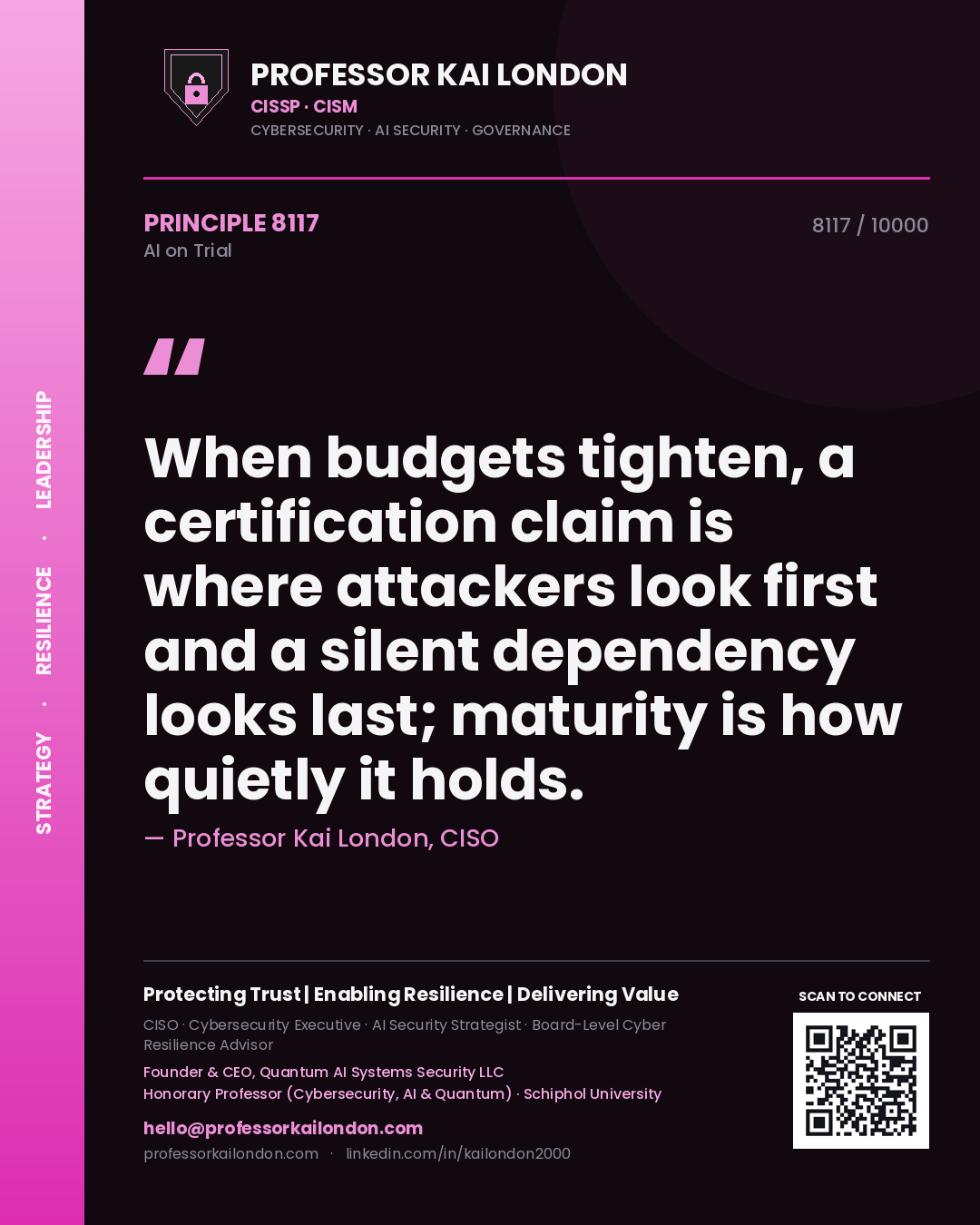 Professor Kai London principle 8117: When budgets tighten, a certification claim is where attackers look first and a silent dependency looks last; maturity is how quietly it holds.