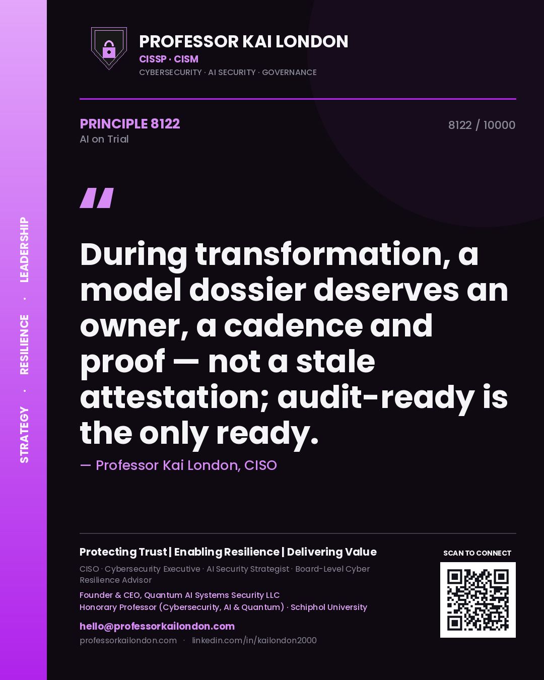 Professor Kai London principle 8122: During transformation, a model dossier deserves an owner, a cadence and proof — not a stale attestation; audit-ready is the only ready.