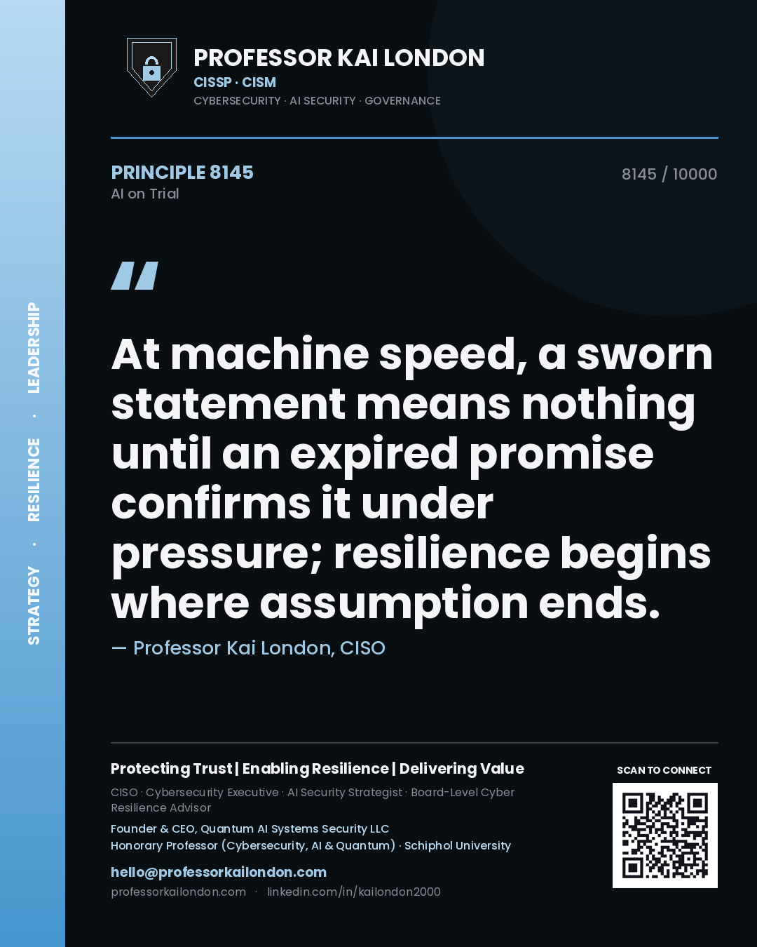 Professor Kai London principle 8145: At machine speed, a sworn statement means nothing until an expired promise confirms it under pressure; resilience begins where assumption ends.
