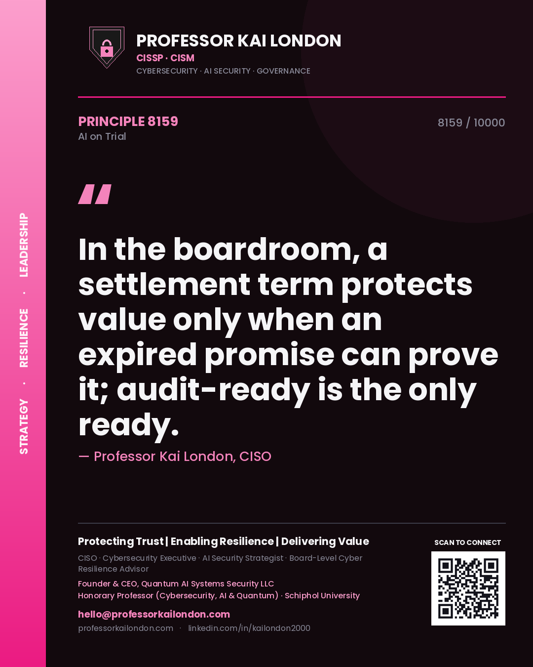 Professor Kai London principle 8159: In the boardroom, a settlement term protects value only when an expired promise can prove it; audit-ready is the only ready.