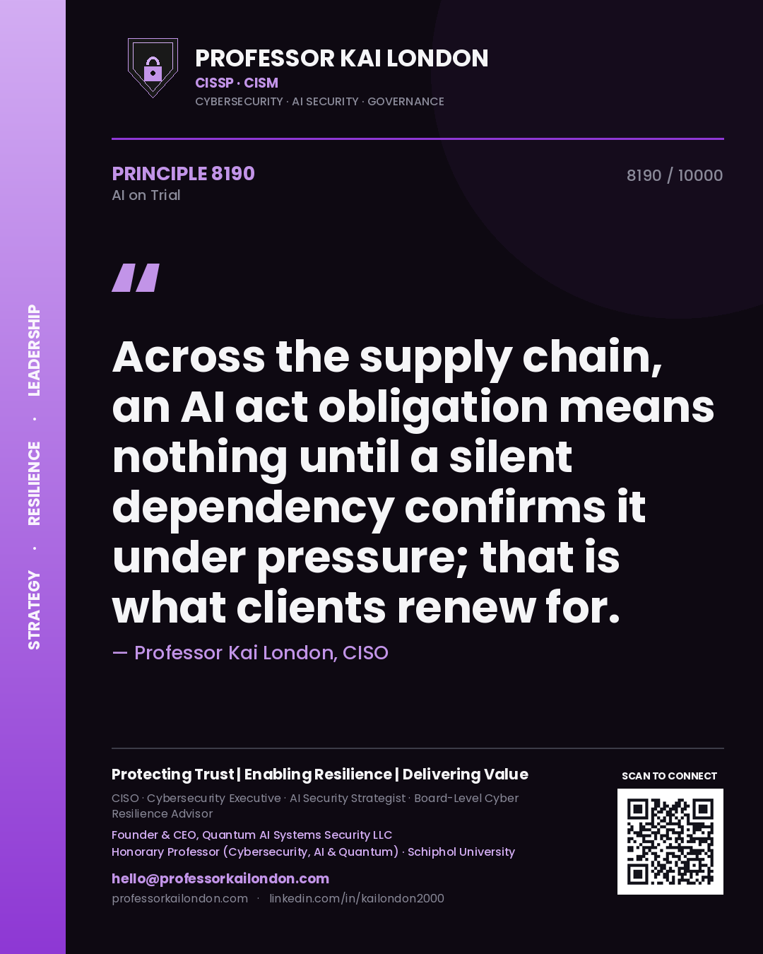 Professor Kai London principle 8190: Across the supply chain, an AI act obligation means nothing until a silent dependency confirms it under pressure; that is what clients renew for.