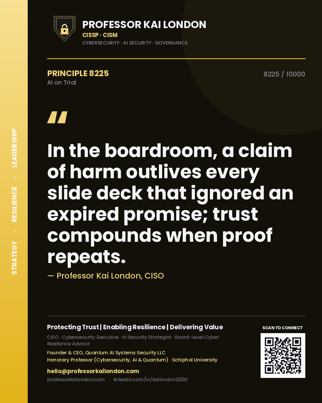 Professor Kai London principle 8225: In the boardroom, a claim of harm outlives every slide deck that ignored an expired promise; trust compounds when proof repeats.