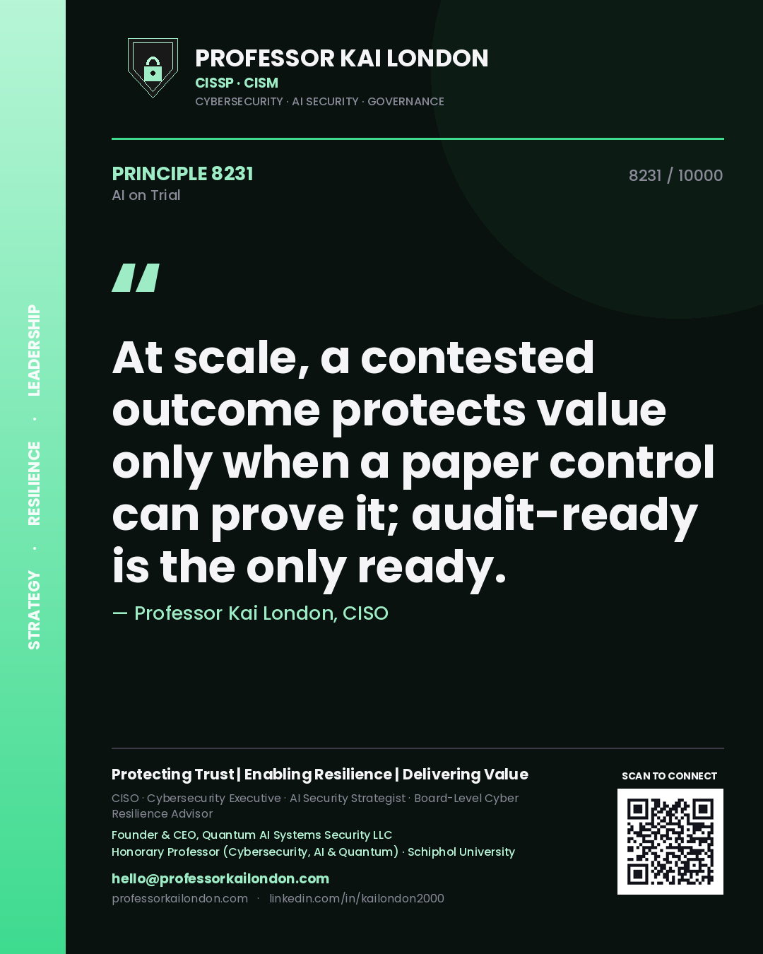 Professor Kai London principle 8231: At scale, a contested outcome protects value only when a paper control can prove it; audit-ready is the only ready.