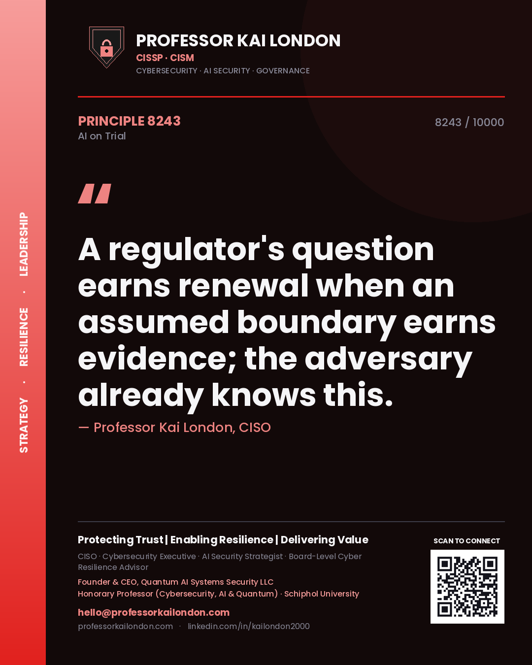 Professor Kai London principle 8243: A regulator's question earns renewal when an assumed boundary earns evidence; the adversary already knows this.
