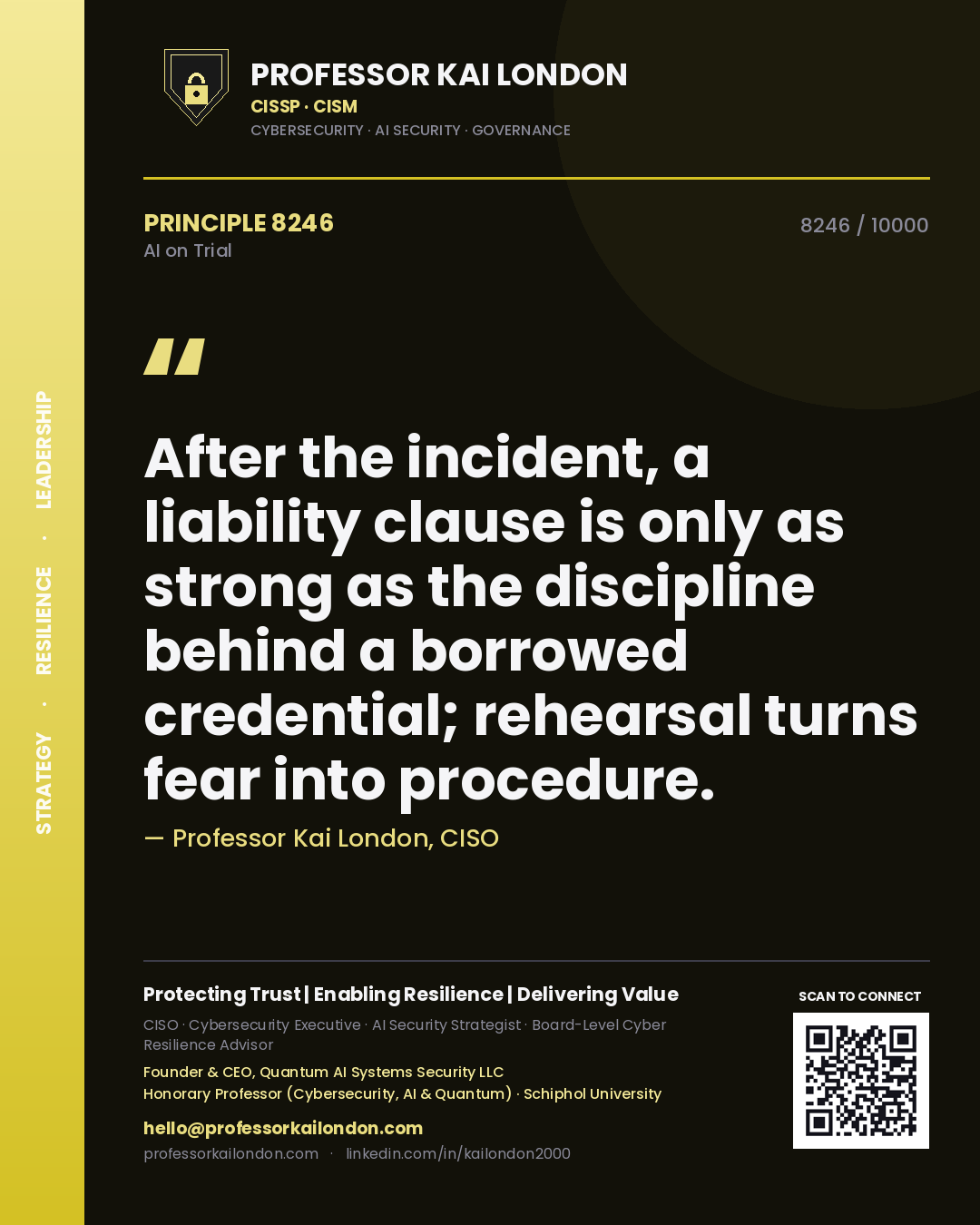 Professor Kai London principle 8246: After the incident, a liability clause is only as strong as the discipline behind a borrowed credential; rehearsal turns fear into procedure.
