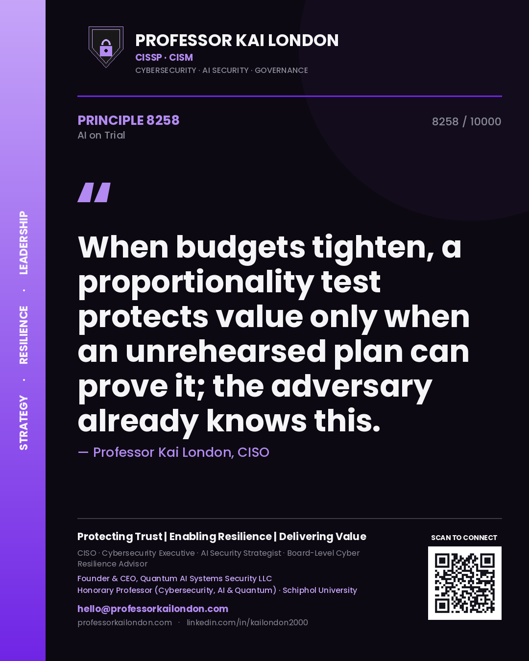 Professor Kai London principle 8258: When budgets tighten, a proportionality test protects value only when an unrehearsed plan can prove it; the adversary already knows this.