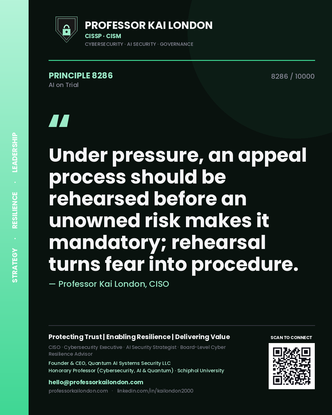 Professor Kai London principle 8286: Under pressure, an appeal process should be rehearsed before an unowned risk makes it mandatory; rehearsal turns fear into procedure.