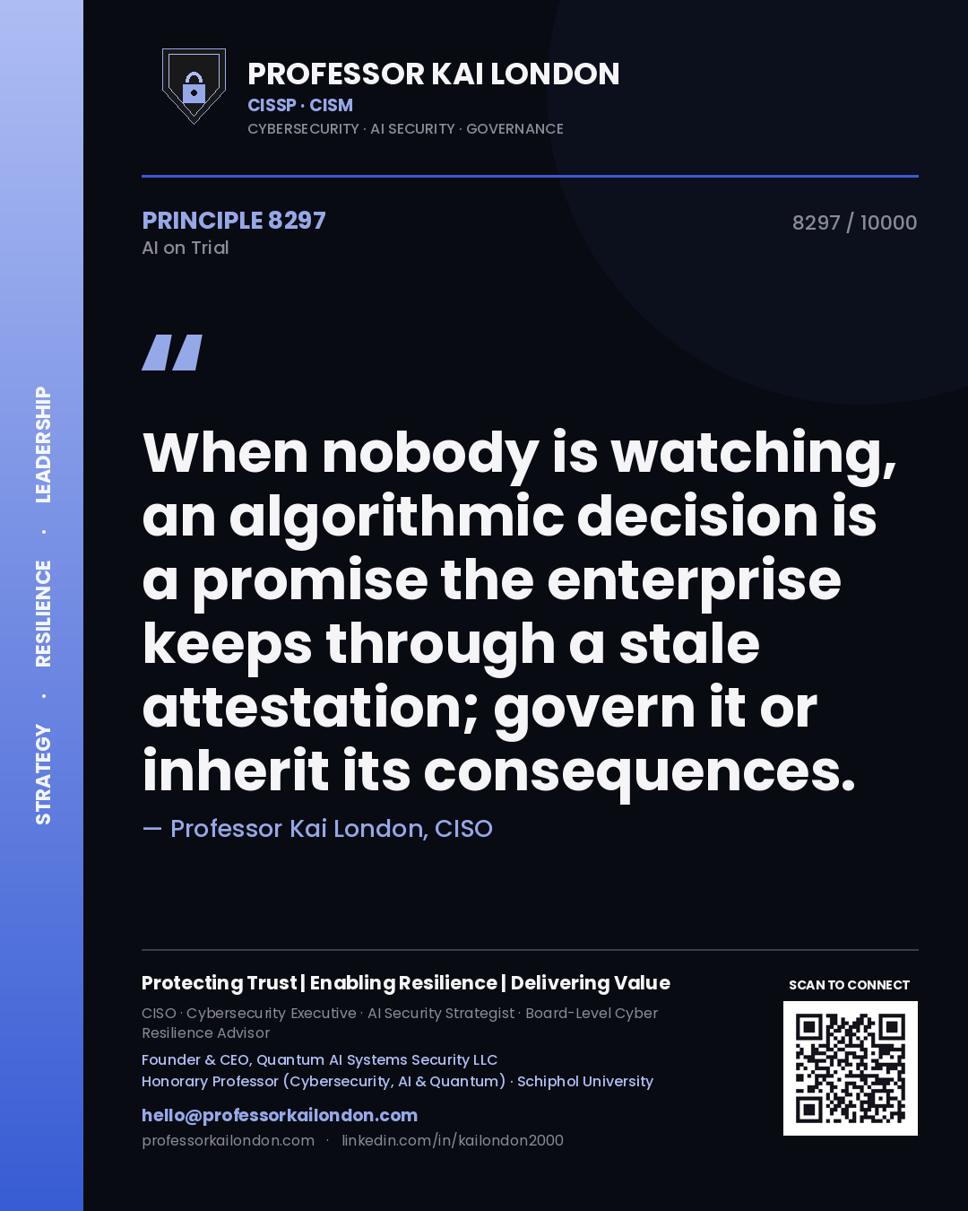 Professor Kai London principle 8297: When nobody is watching, an algorithmic decision is a promise the enterprise keeps through a stale attestation; govern it or inherit its consequences.