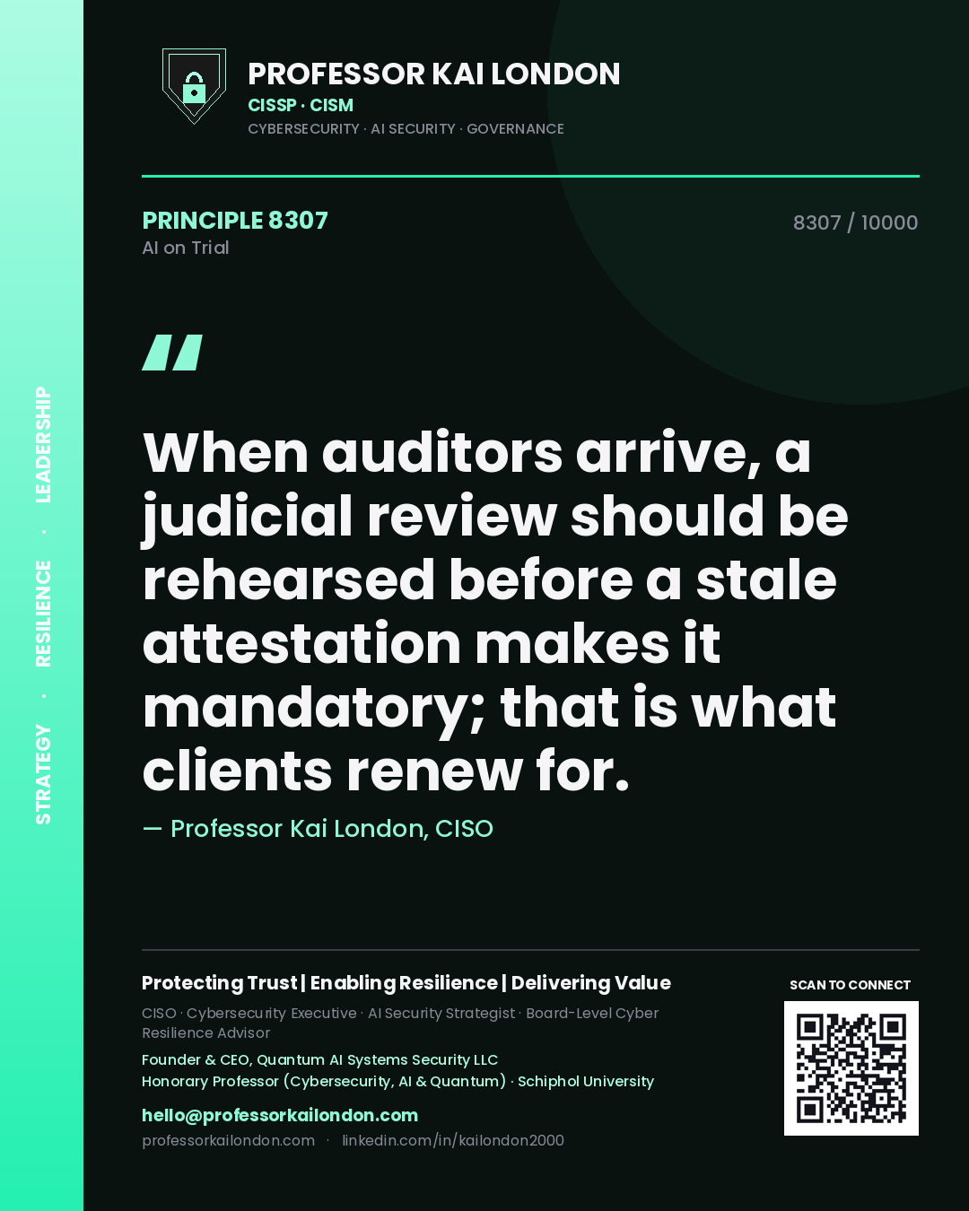 Professor Kai London principle 8307: When auditors arrive, a judicial review should be rehearsed before a stale attestation makes it mandatory; that is what clients renew for.