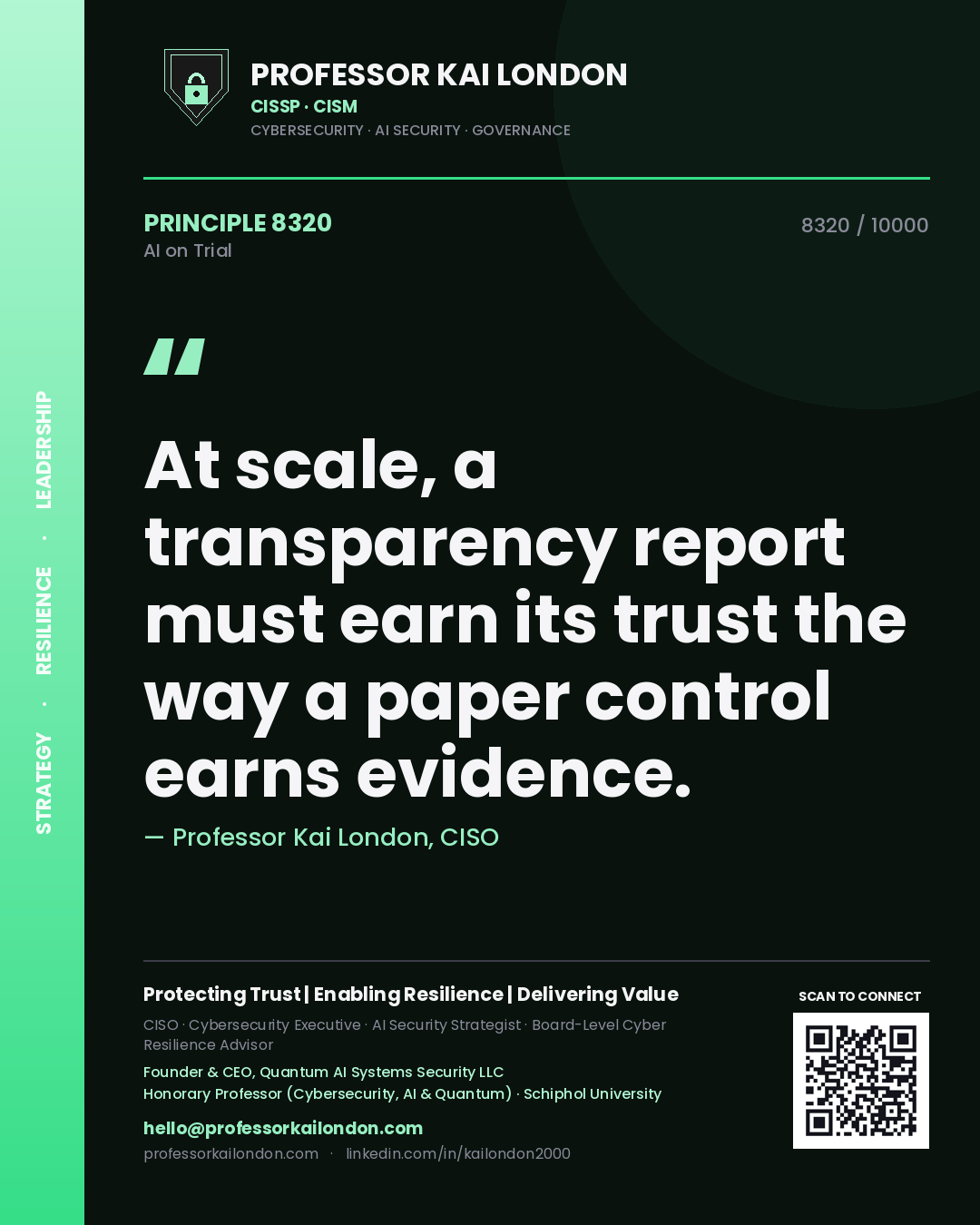 Professor Kai London principle 8320: At scale, a transparency report must earn its trust the way a paper control earns evidence.