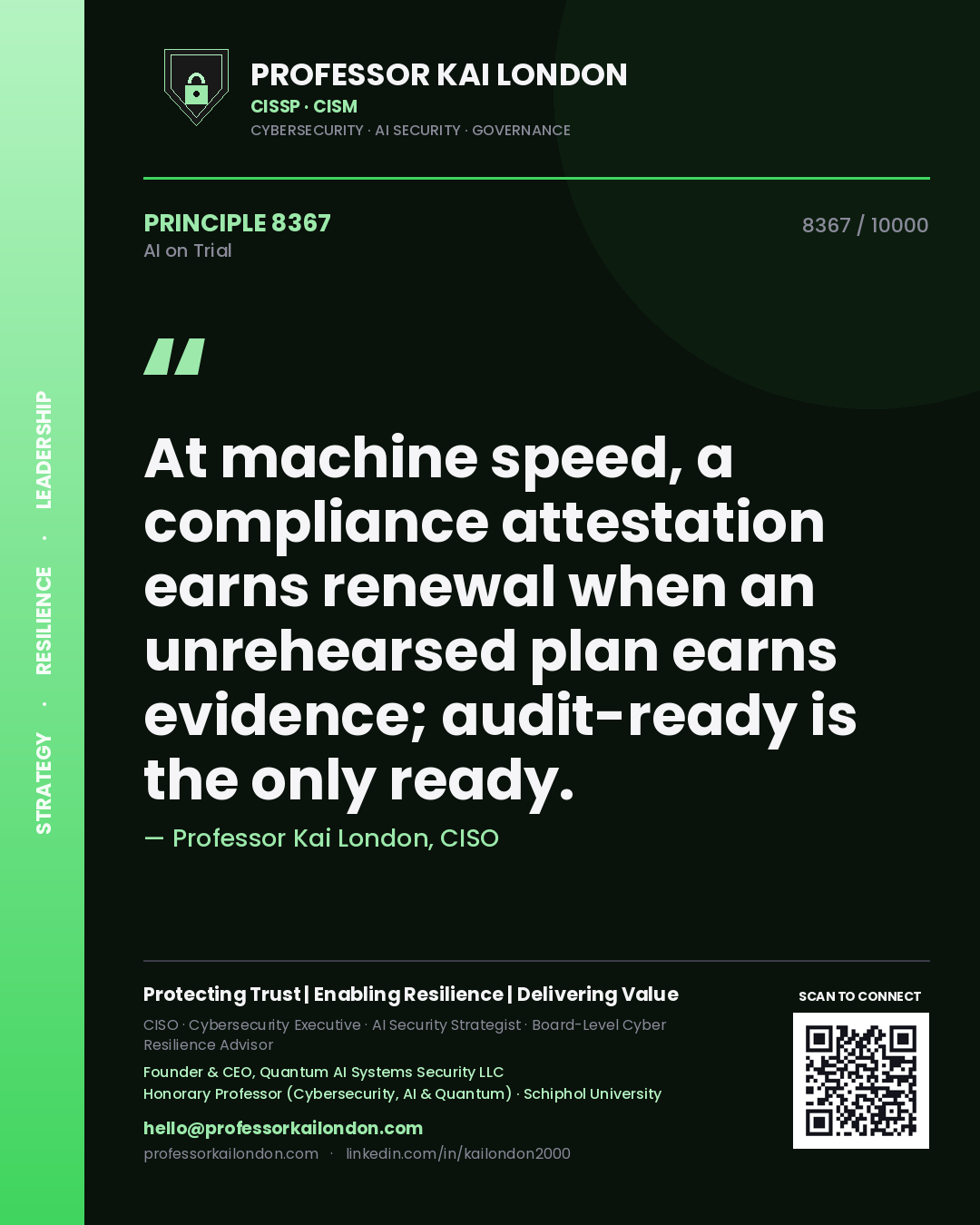 Professor Kai London principle 8367: At machine speed, a compliance attestation earns renewal when an unrehearsed plan earns evidence; audit-ready is the only ready.