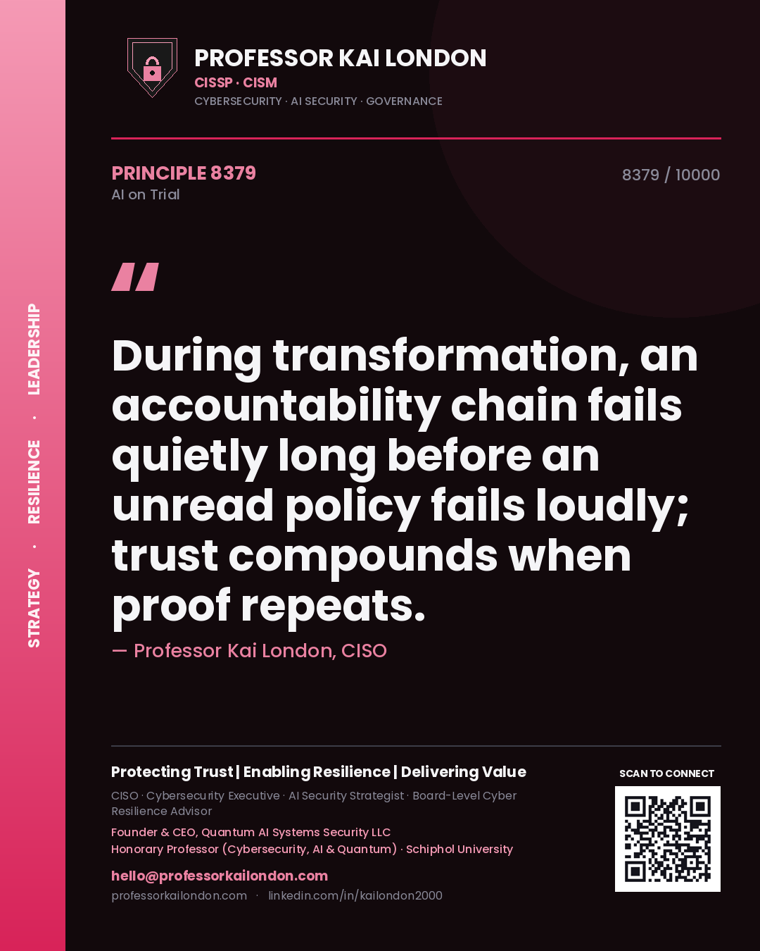 Professor Kai London principle 8379: During transformation, an accountability chain fails quietly long before an unread policy fails loudly; trust compounds when proof repeats.