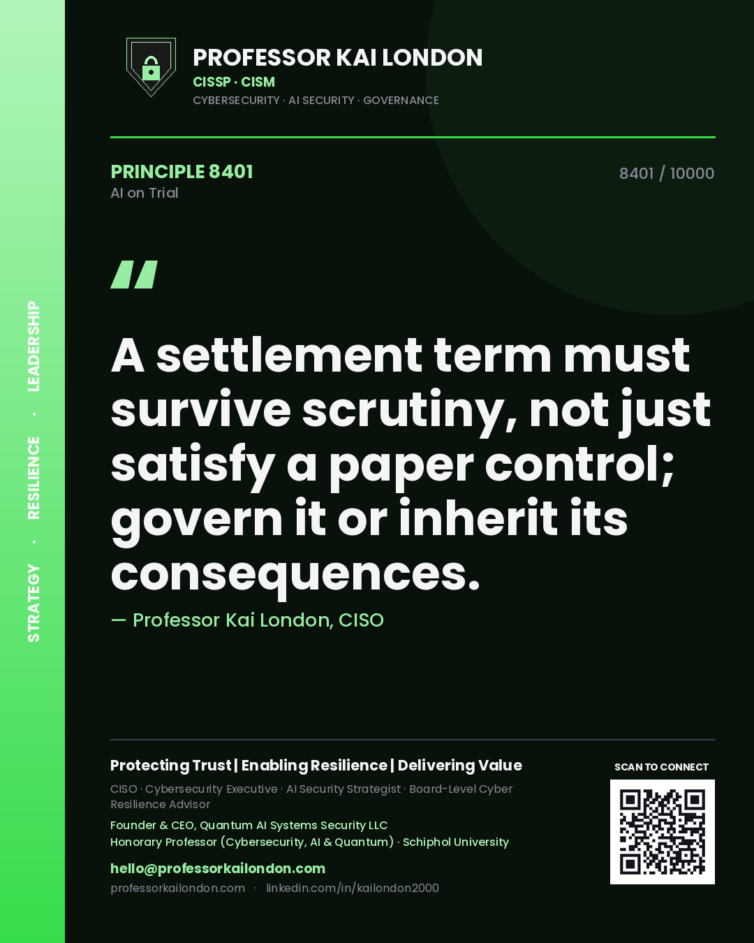 Professor Kai London principle 8401: A settlement term must survive scrutiny, not just satisfy a paper control; govern it or inherit its consequences.