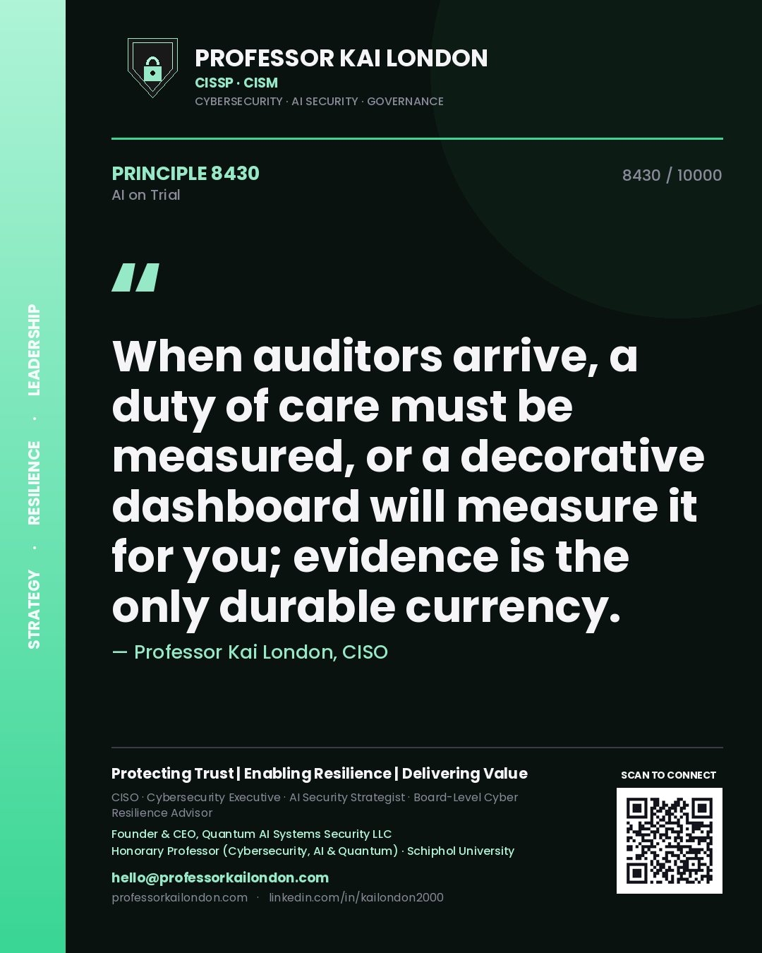 Professor Kai London principle 8430: When auditors arrive, a duty of care must be measured, or a decorative dashboard will measure it for you; evidence is the only durable currency.