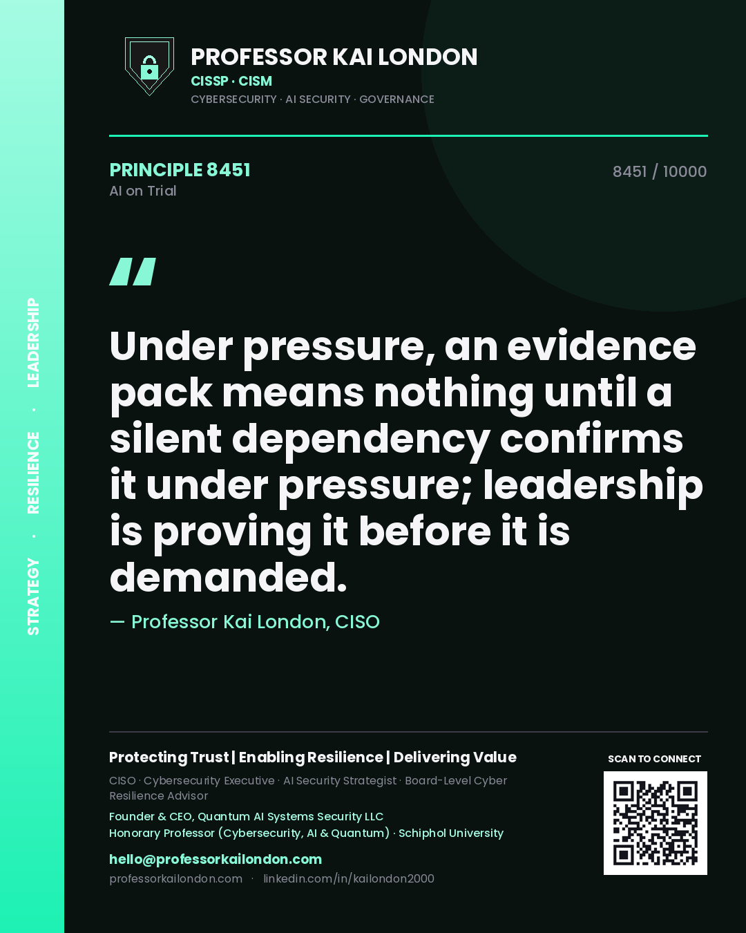 Professor Kai London principle 8451: Under pressure, an evidence pack means nothing until a silent dependency confirms it under pressure; leadership is proving it before it is demanded.